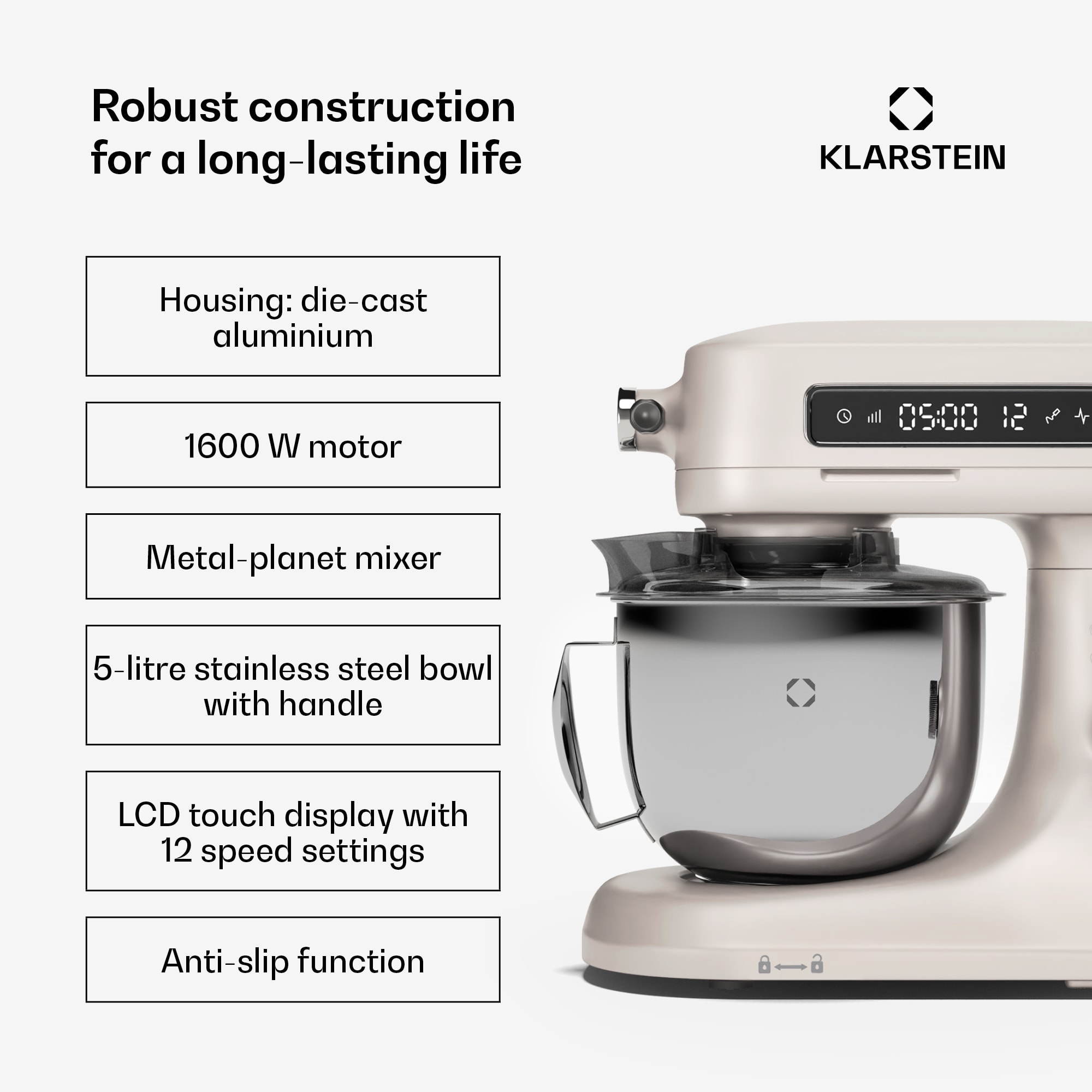 Klarstein Chiara food processor | 1600 watts | 12 settings | stainless steel bowl | LCD display | incl. accessories