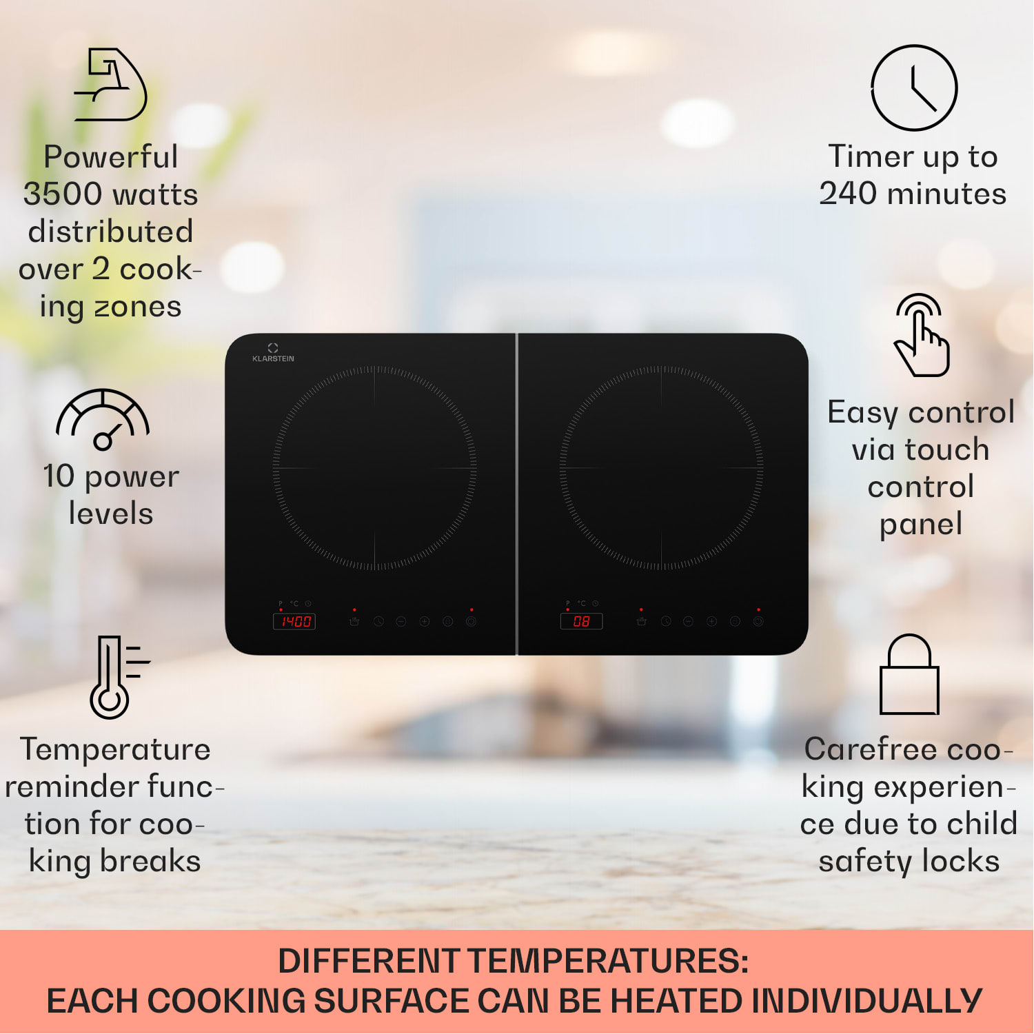 Klarstein Cookio double induction hob 3500 W timer glass ceramic