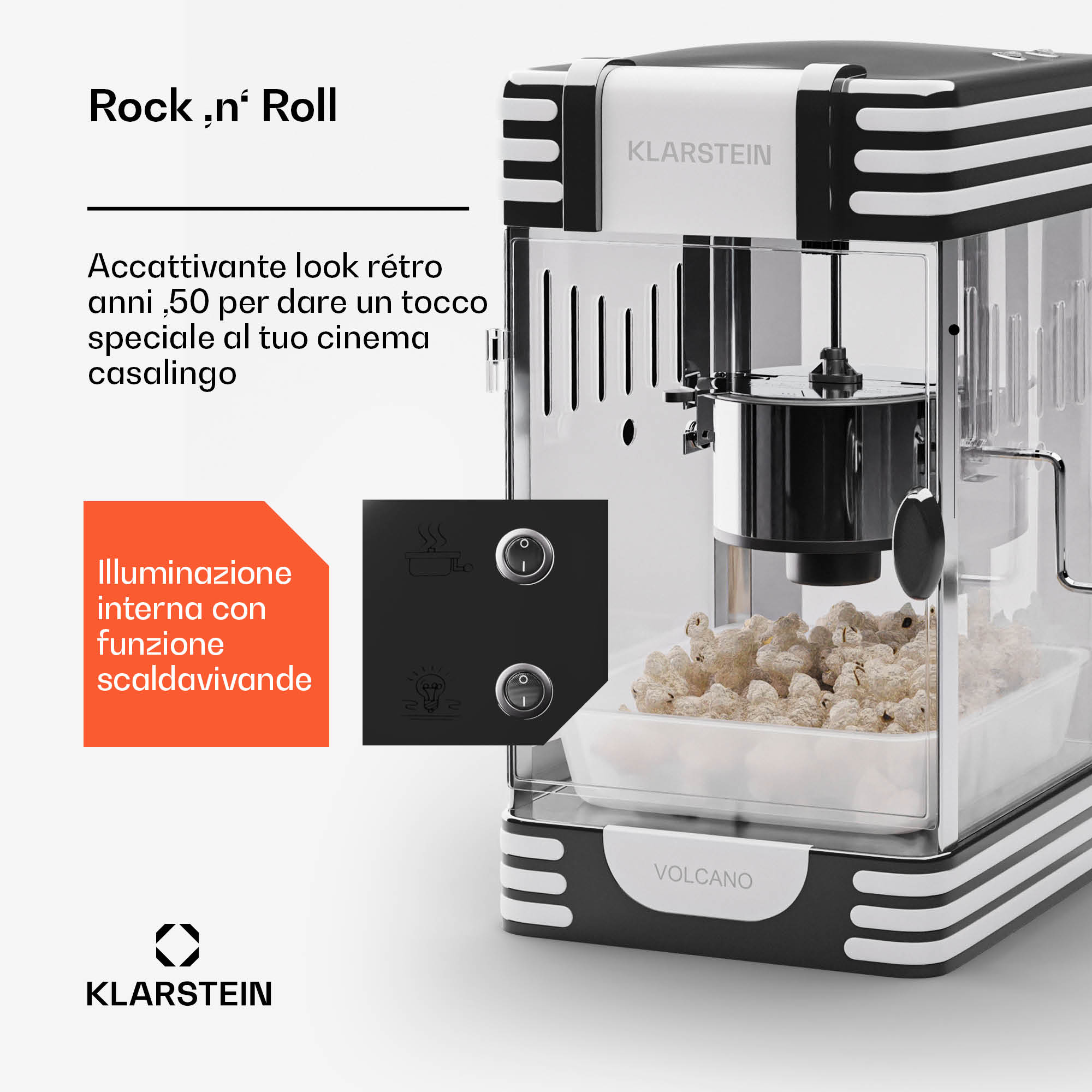 Klarstein Volcano - Macchina per popcorn, 300 watt, pentola in acciaio inox, 60 g/4 min., design rétro