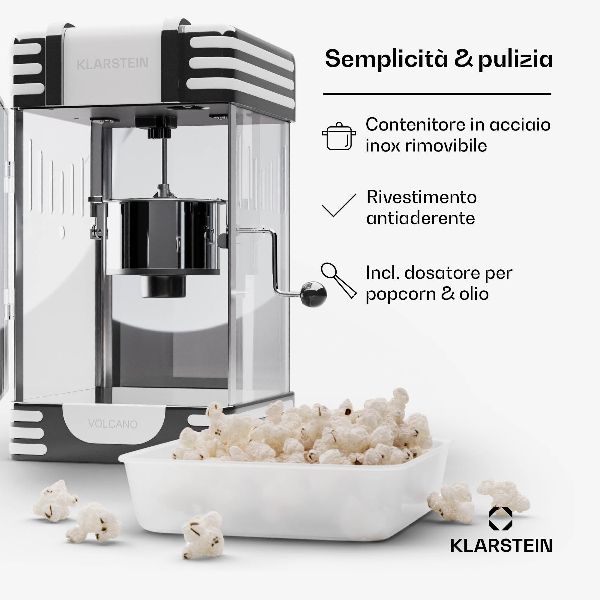 Klarstein Volcano - Macchina per popcorn, 300 watt, pentola in acciaio inox, 60 g/4 min., design rétro