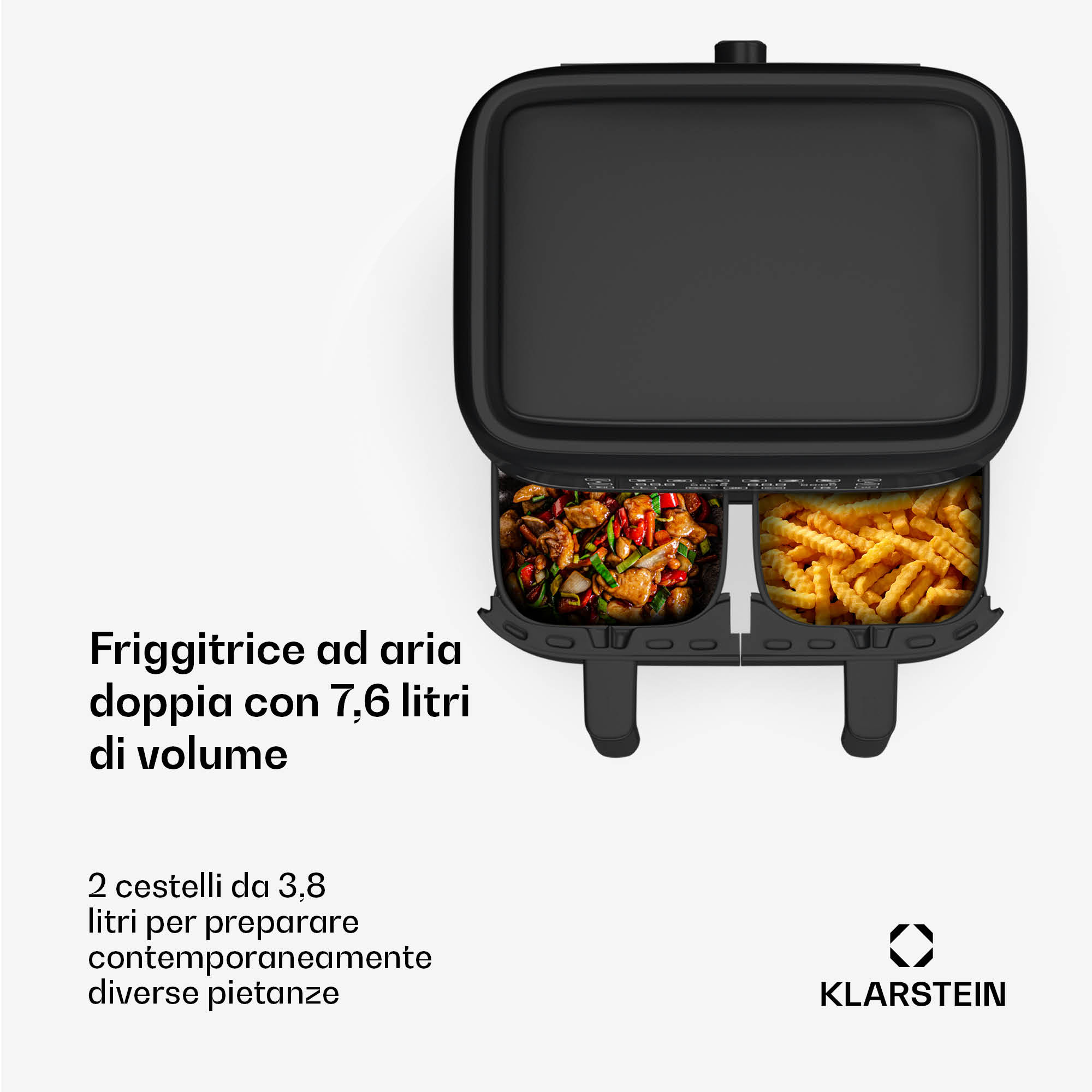 Klarstein VitaFry Duo - Friggitrice ad aria calda, 7,6 litri, 2 zone di cottura, 6 programmi