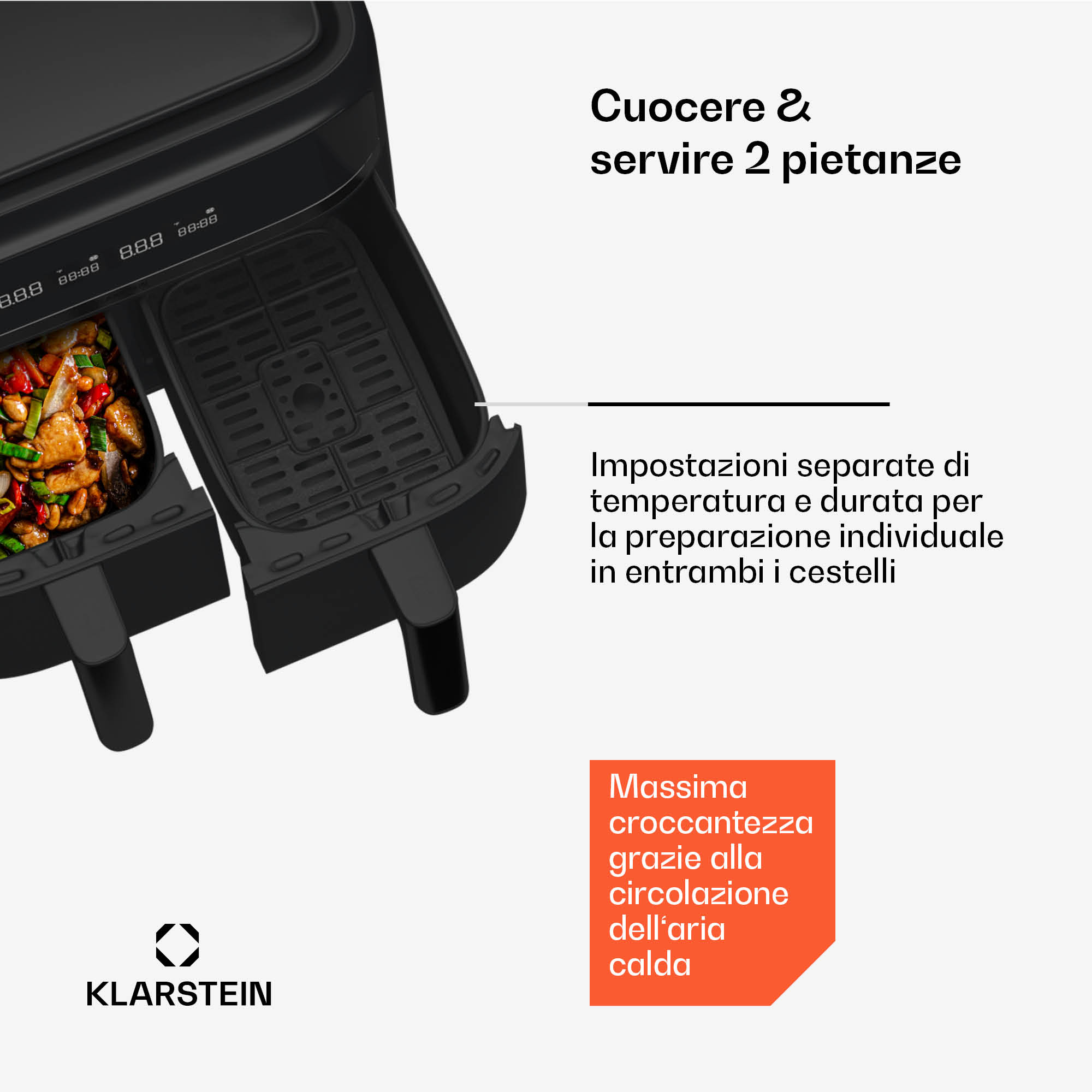 Klarstein VitaFry Duo - Friggitrice ad aria calda, 7,6 litri, 2 zone di cottura, 6 programmi
