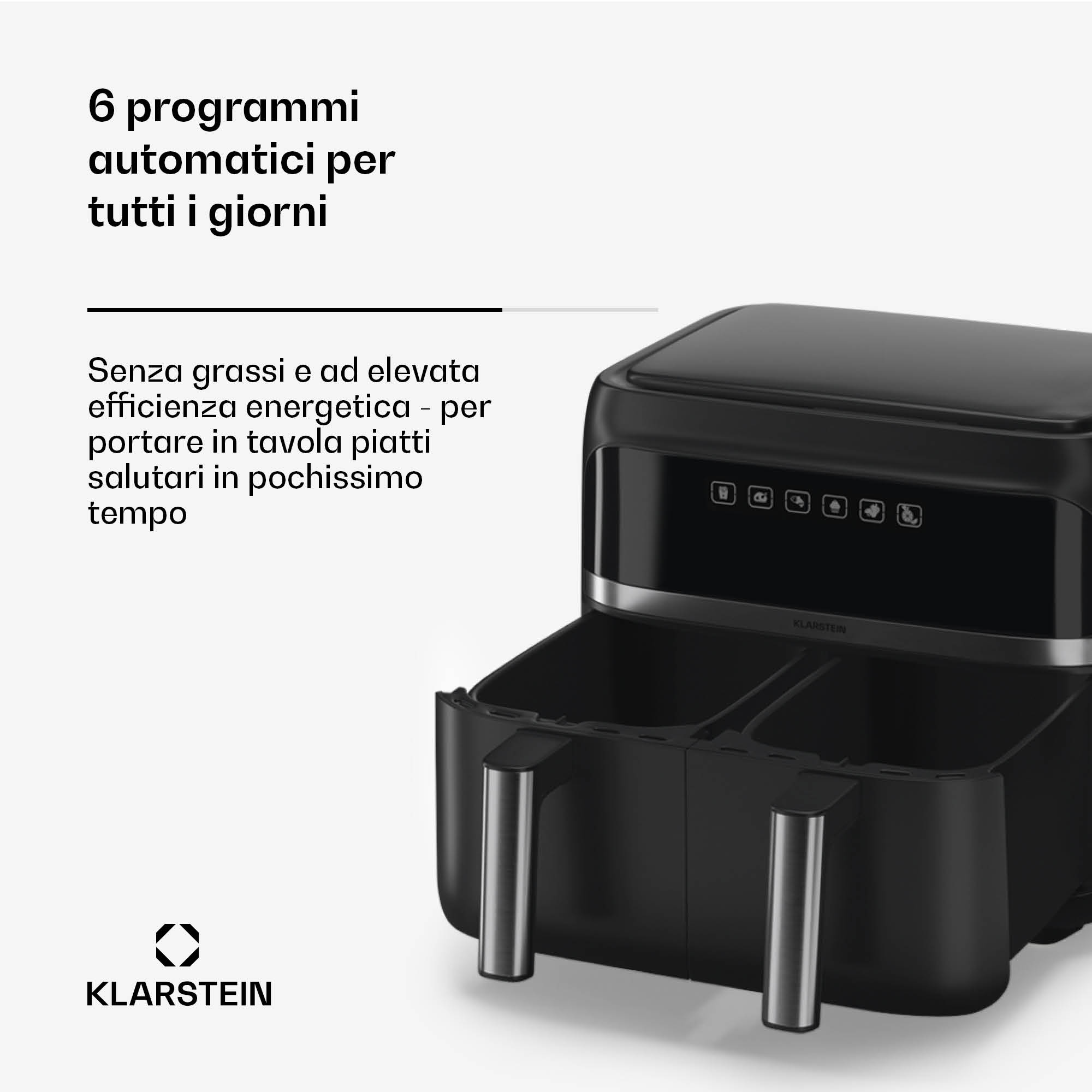Klarstein VitaFry Duo - Friggitrice ad aria calda, 7,6 litri, 2 zone di cottura, 6 programmi