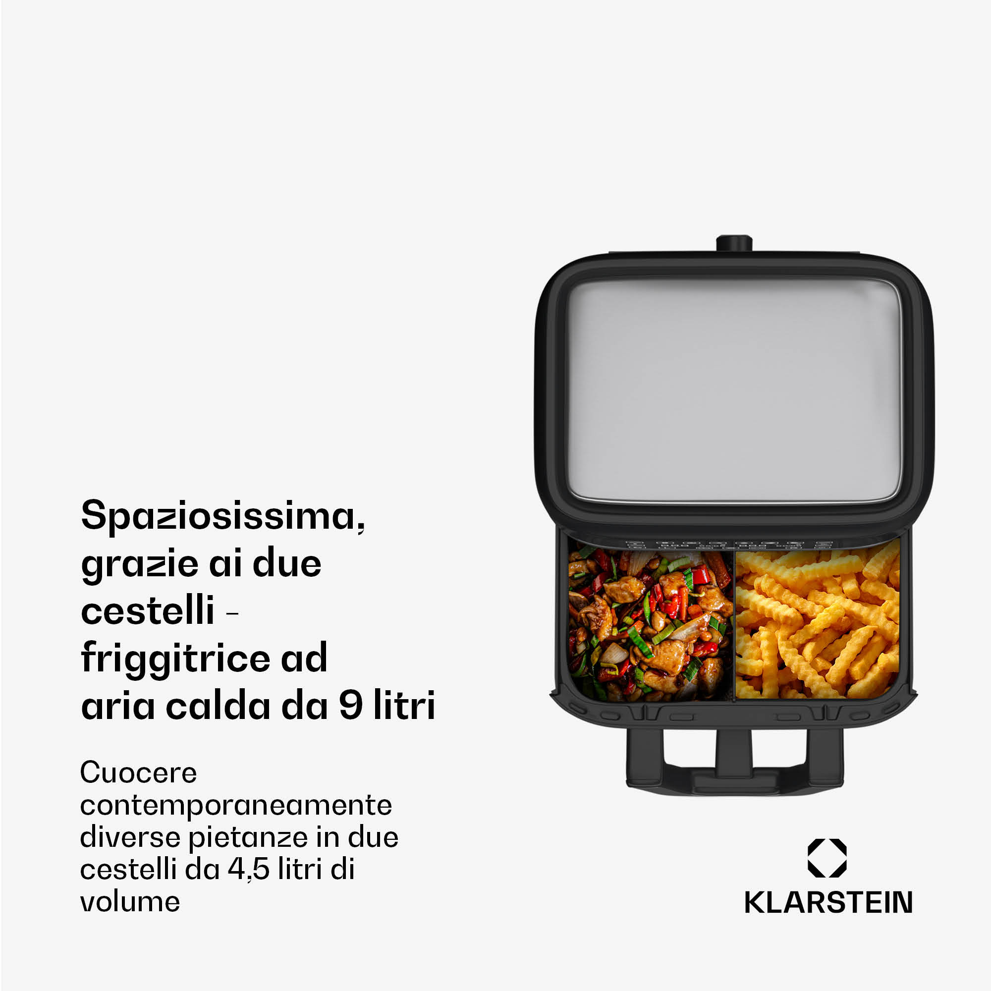 Klarstein VitaFry Duo Elegance - Friggitrice ad aria calda, 9 litri, 2 zone di cottura, 6 programmi