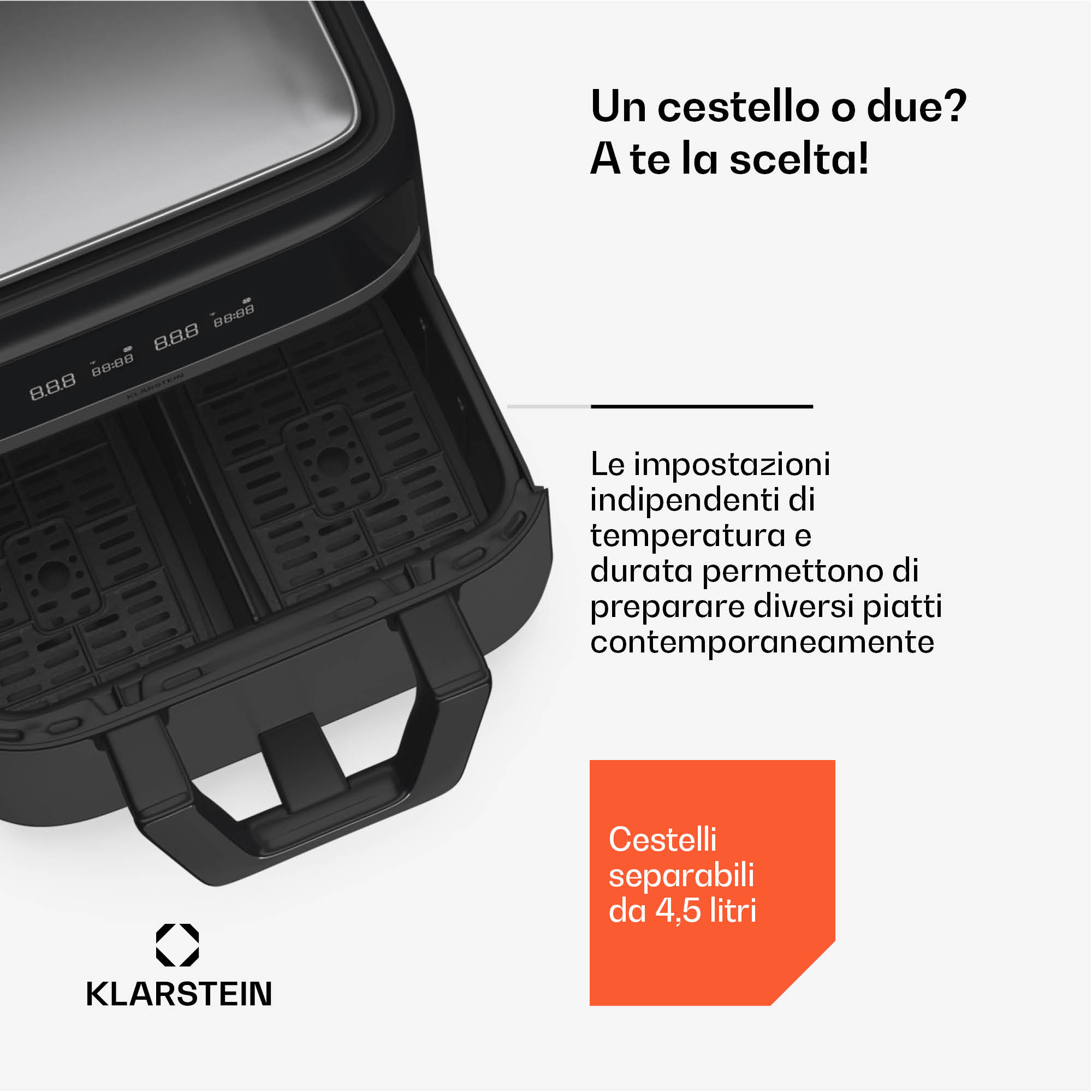 Klarstein VitaFry Duo Elegance - Friggitrice ad aria calda, 9 litri, 2 zone di cottura, 6 programmi