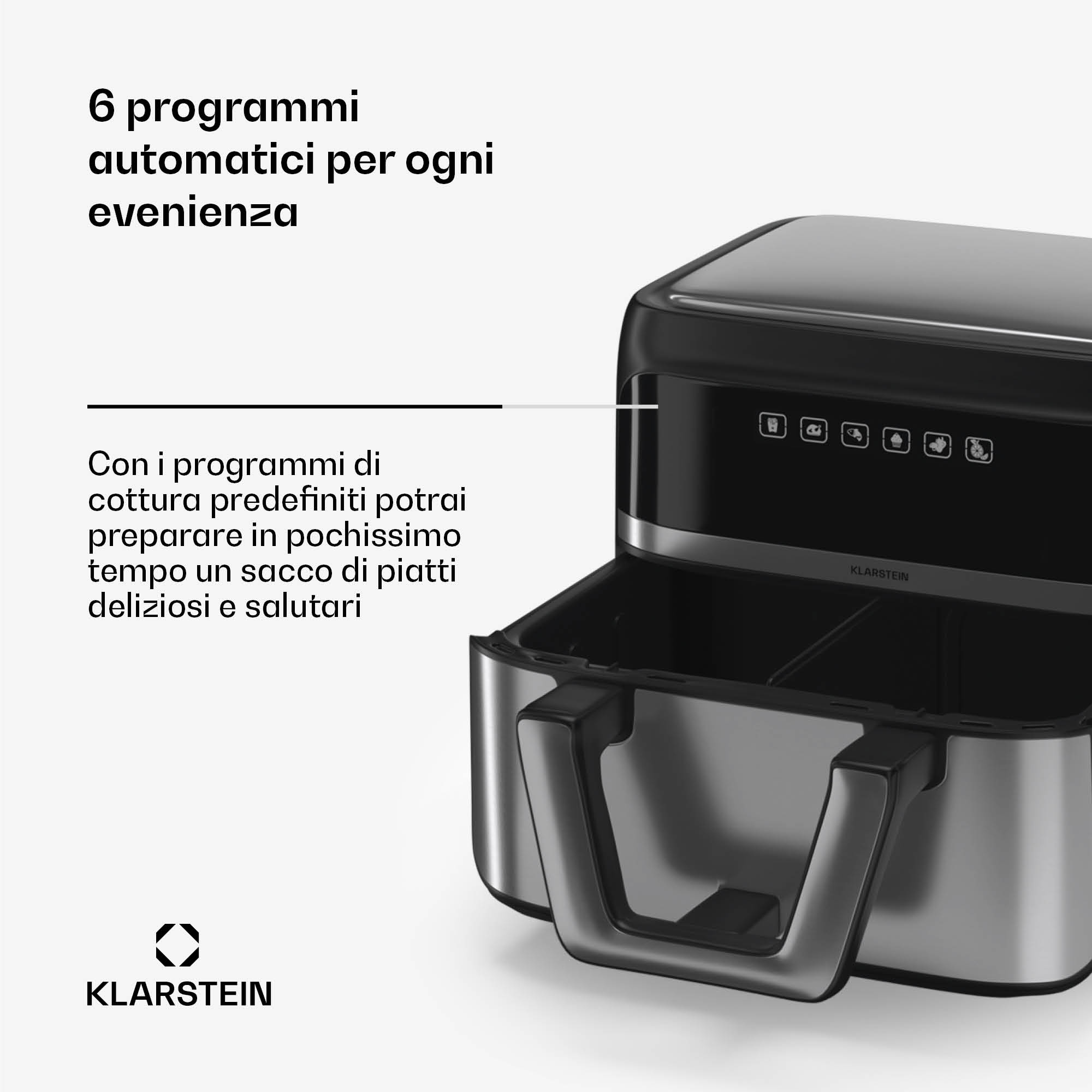 Klarstein VitaFry Duo Elegance - Friggitrice ad aria calda, 9 litri, 2 zone di cottura, 6 programmi