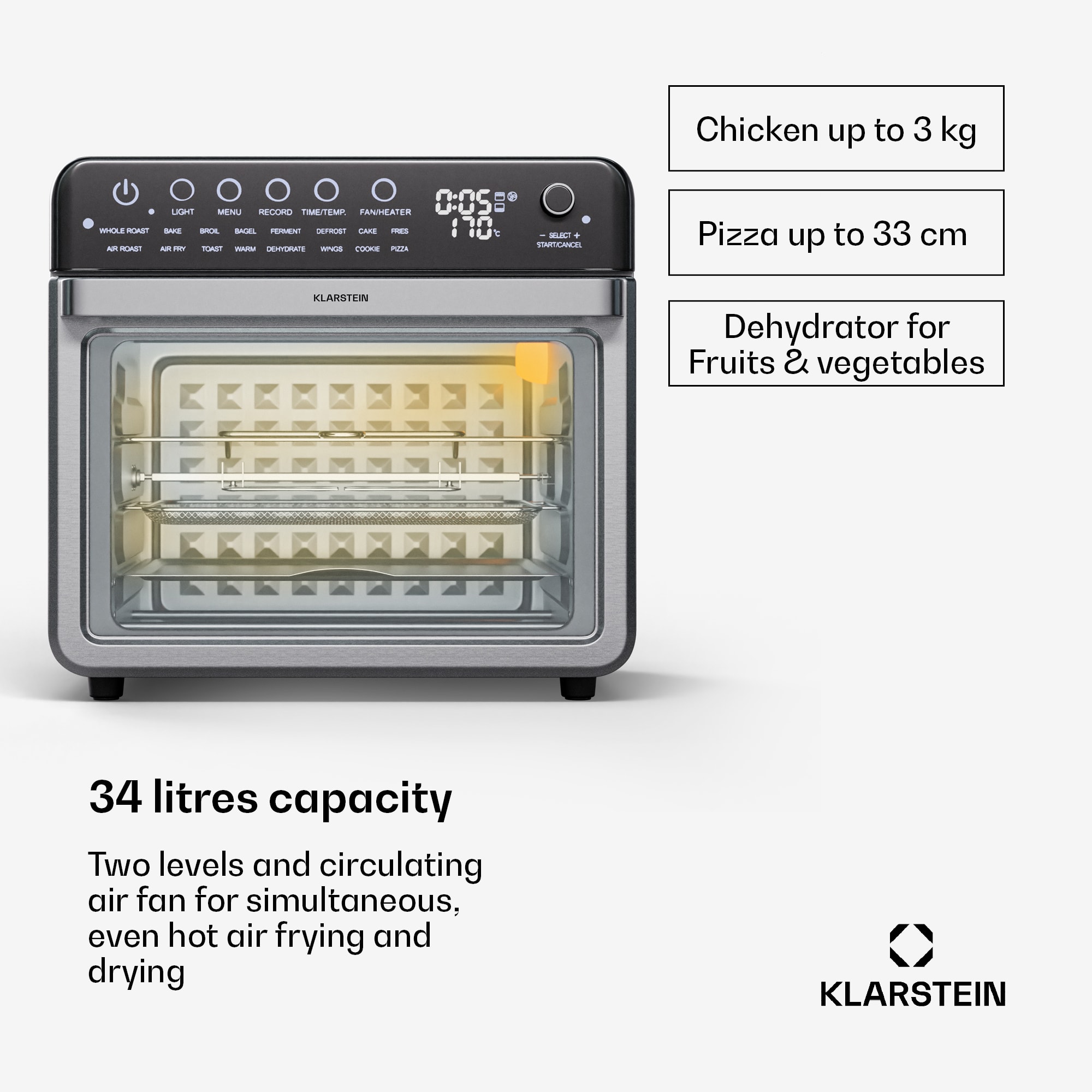 Klarstein Air Glaze Digital hot air fryer 2000 W 34 L 16 programs top and bottom heat