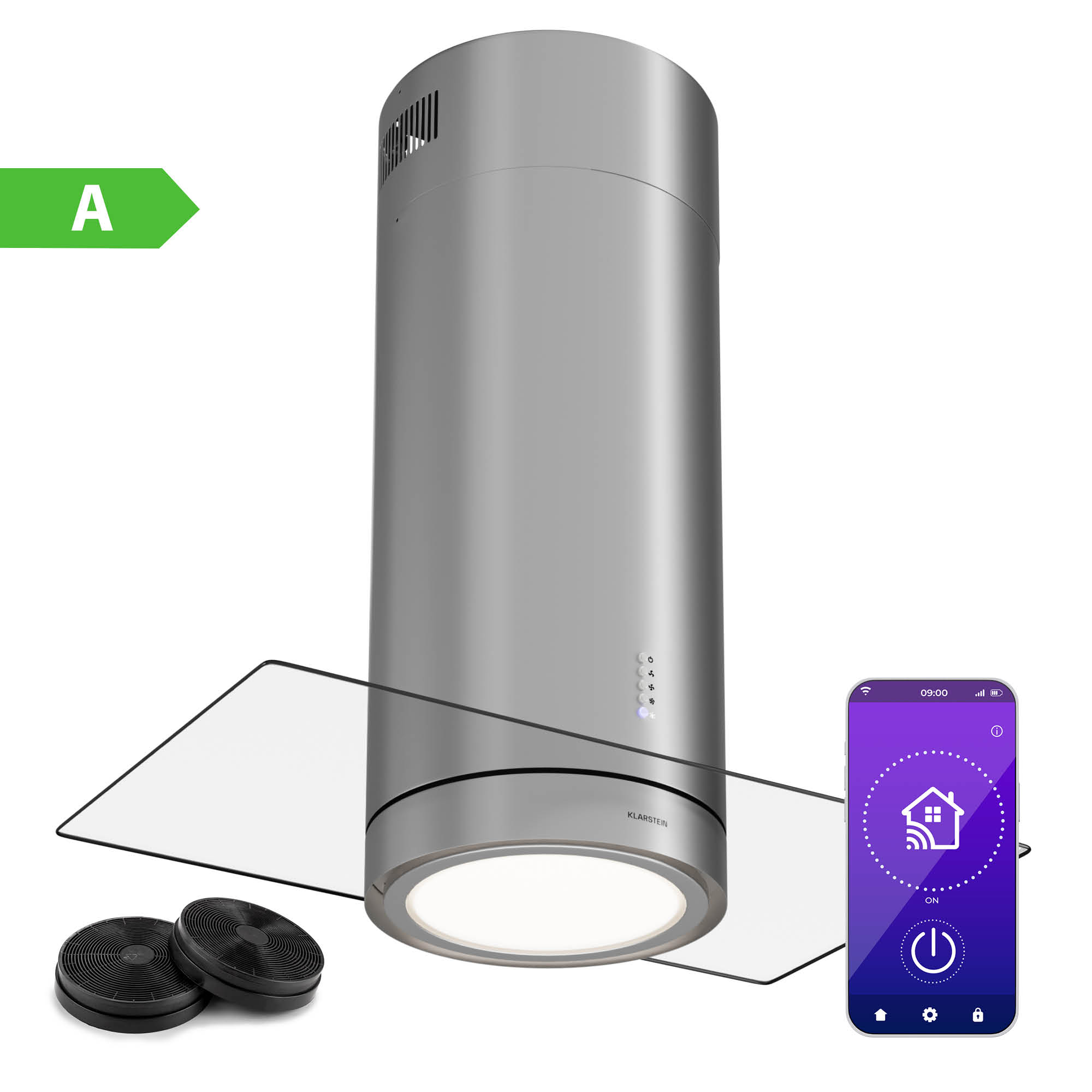 Klarstein Beretta Premium island extractor hood app exhaust/recirculating air 544 m³/h LED activated carbon filter