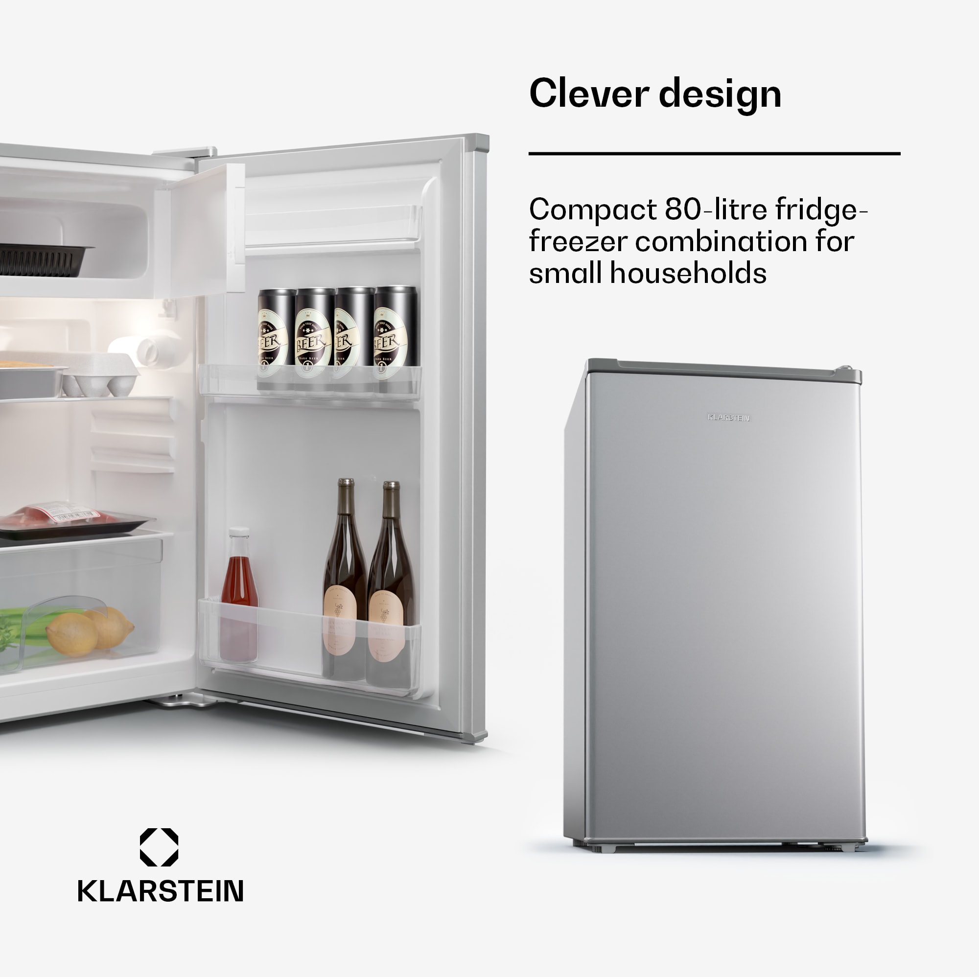 Klarstein Cool Cousin, hűtőszekrény fagyasztóval, 70/11 l, 40 dB, 2 polc termék 2. képe