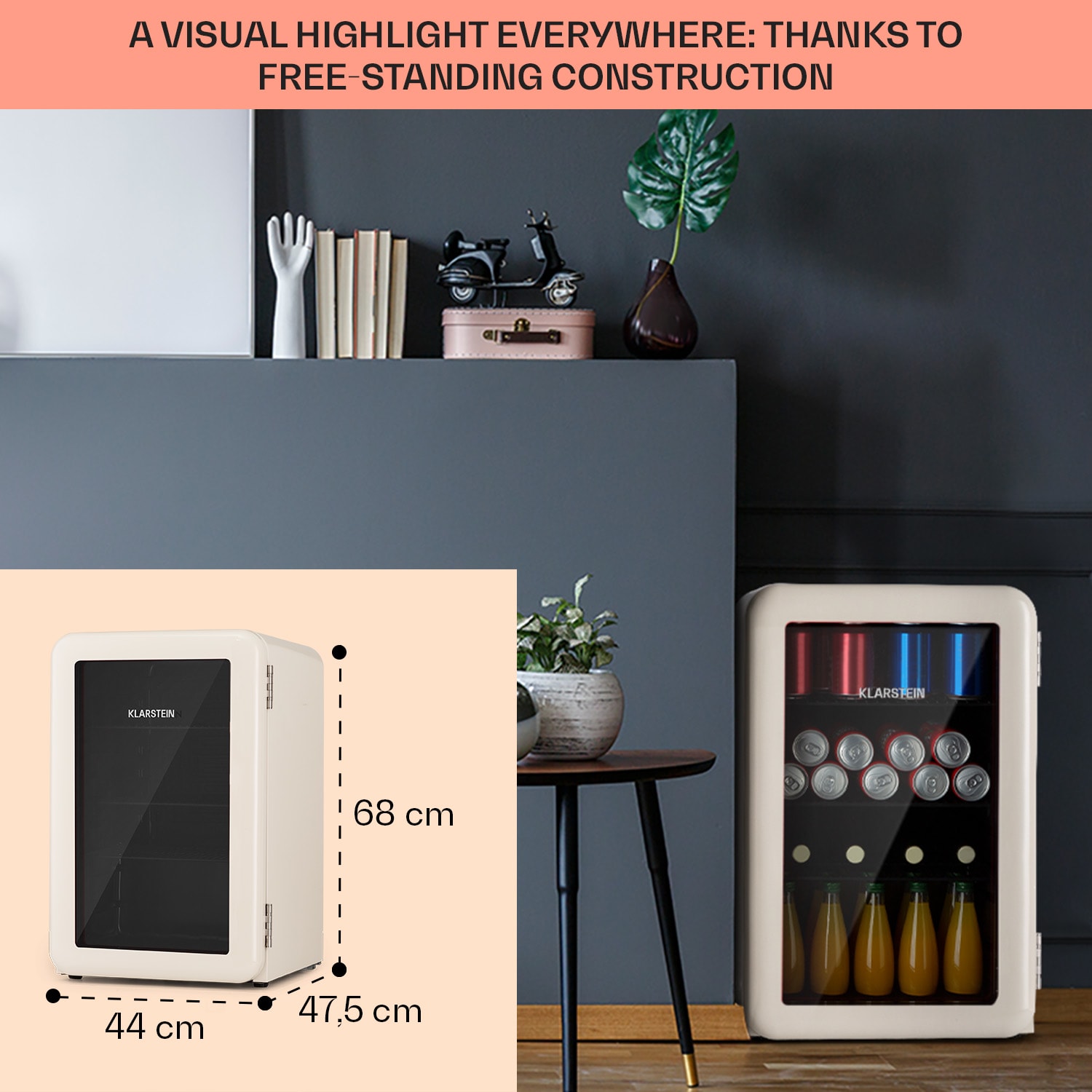 Klarstein PopLife 70 Beverage Cooler Refrigerator 70 litres 0-10 C retro design LED