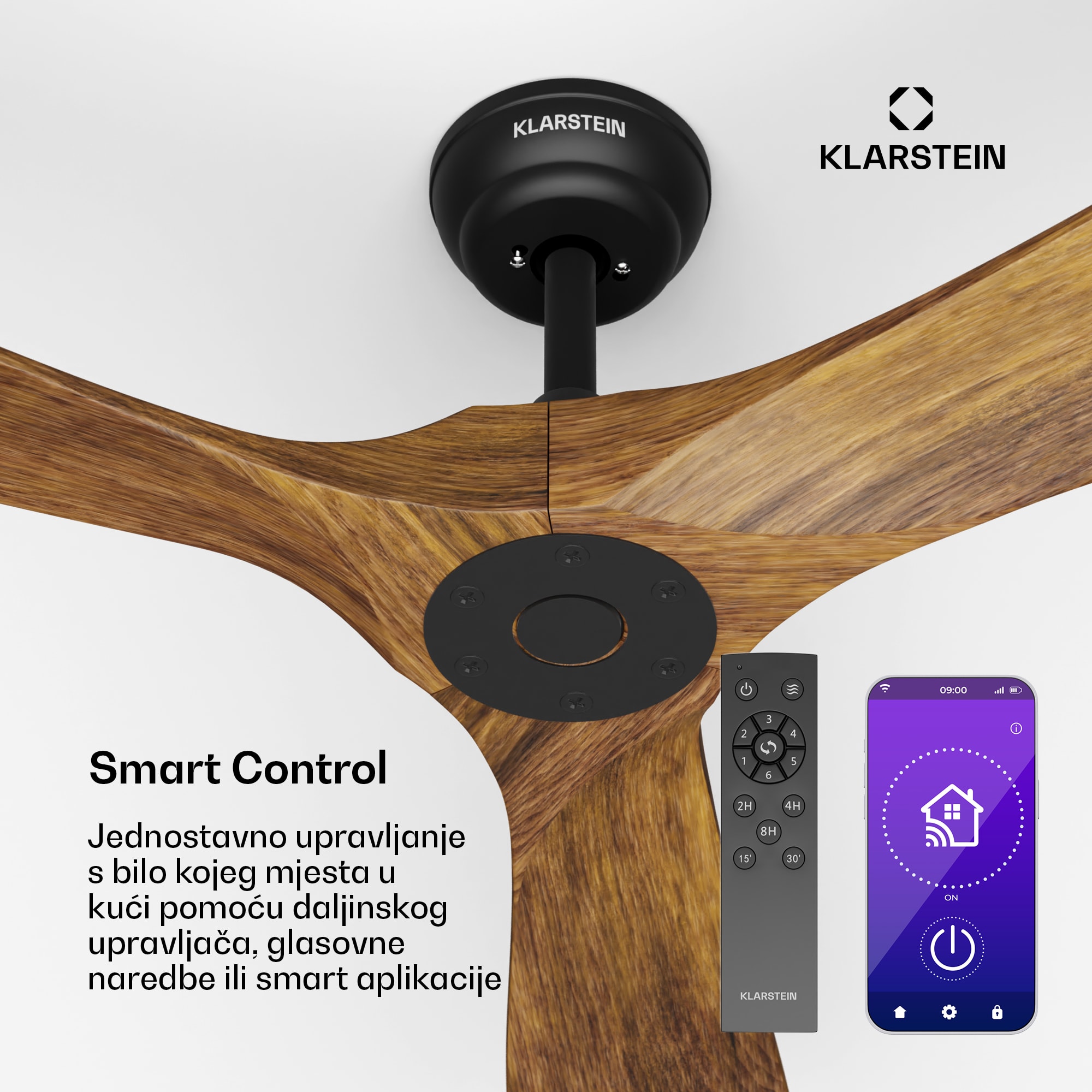 Klarstein Pametni stropni ventilator Bahama Breeze, lopatice rotora od punog drva, daljinski upravljač + upravljanje pomoću aplikacije