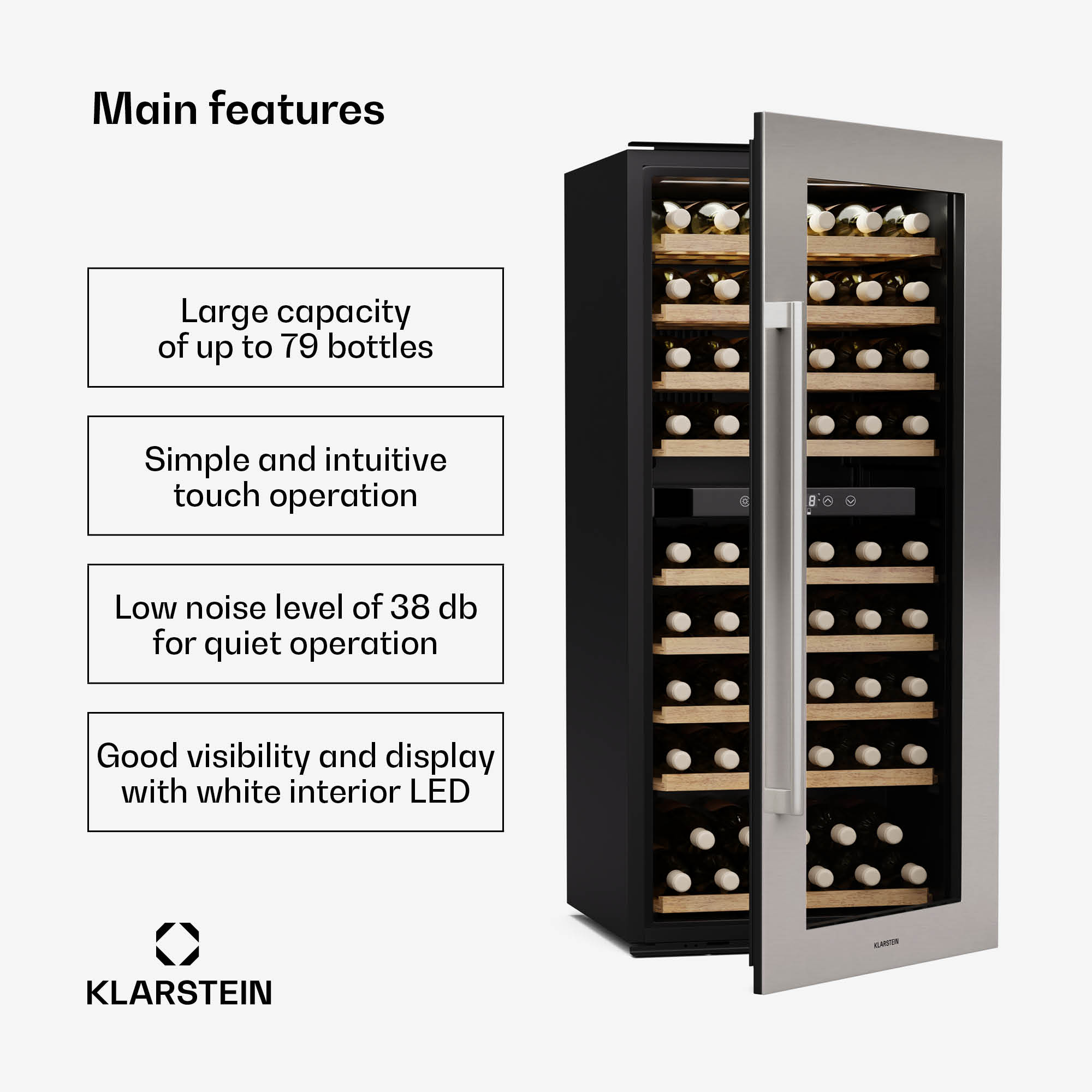 Klarstein Vinsider Duo wine refrigerator | 79 bottles | 2 cooling zones | UV protection | 9 shelves | touch