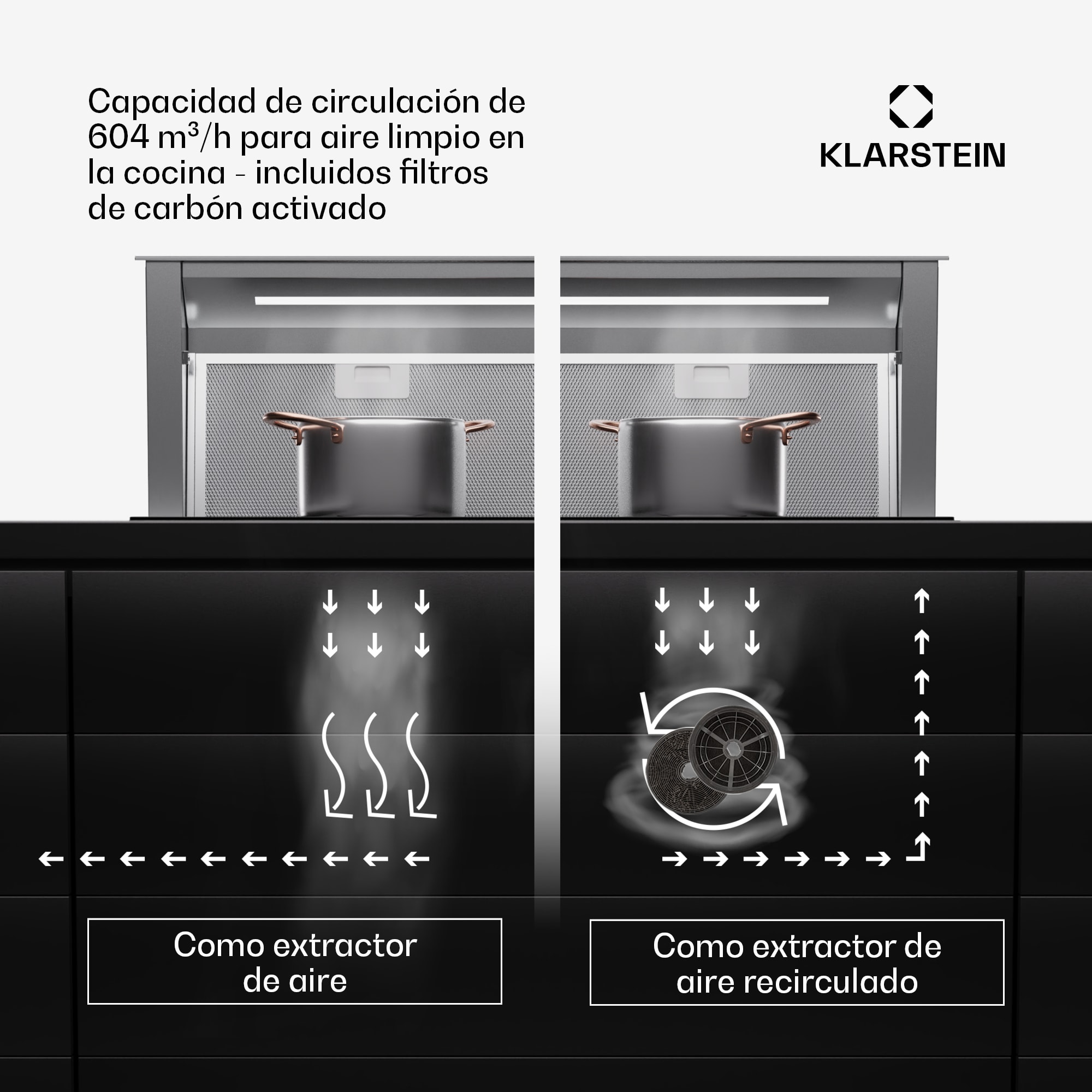 Klarstein Campana extractora Royal Flush Eco 90 90 cm 604 m³/h CEE A incl. filtros de carbón activo