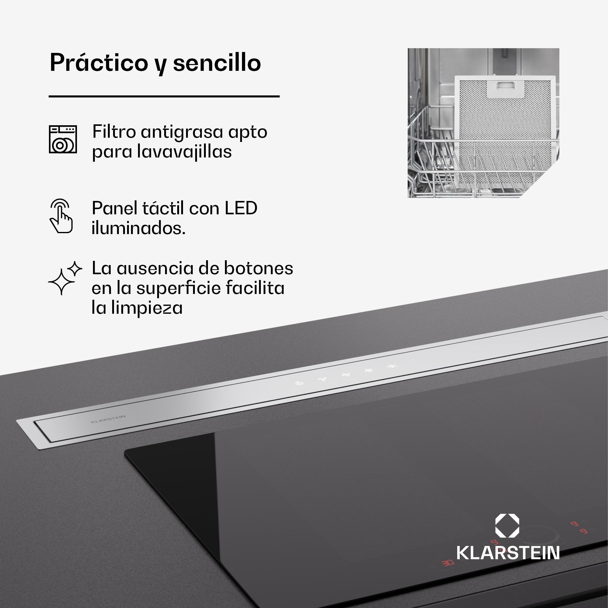 Klarstein Campana extractora Royal Flush Eco 90 90 cm 604 m³/h CEE A incl. filtros de carbón activo