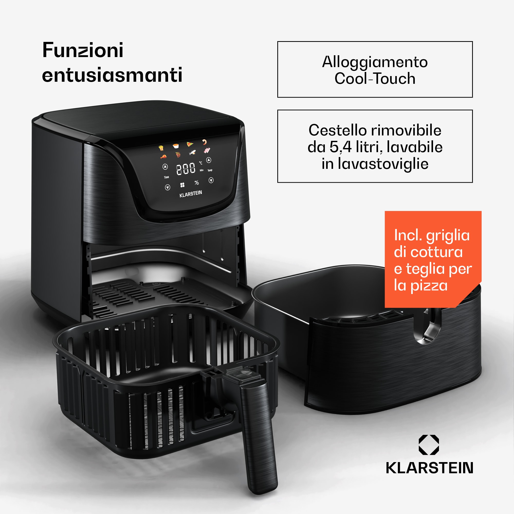 Klarstein AeroVital Deluxe Heißluftfritteuse | 1700 W | 8 Funktionen | inkl. Zubehör | 200C | Timer