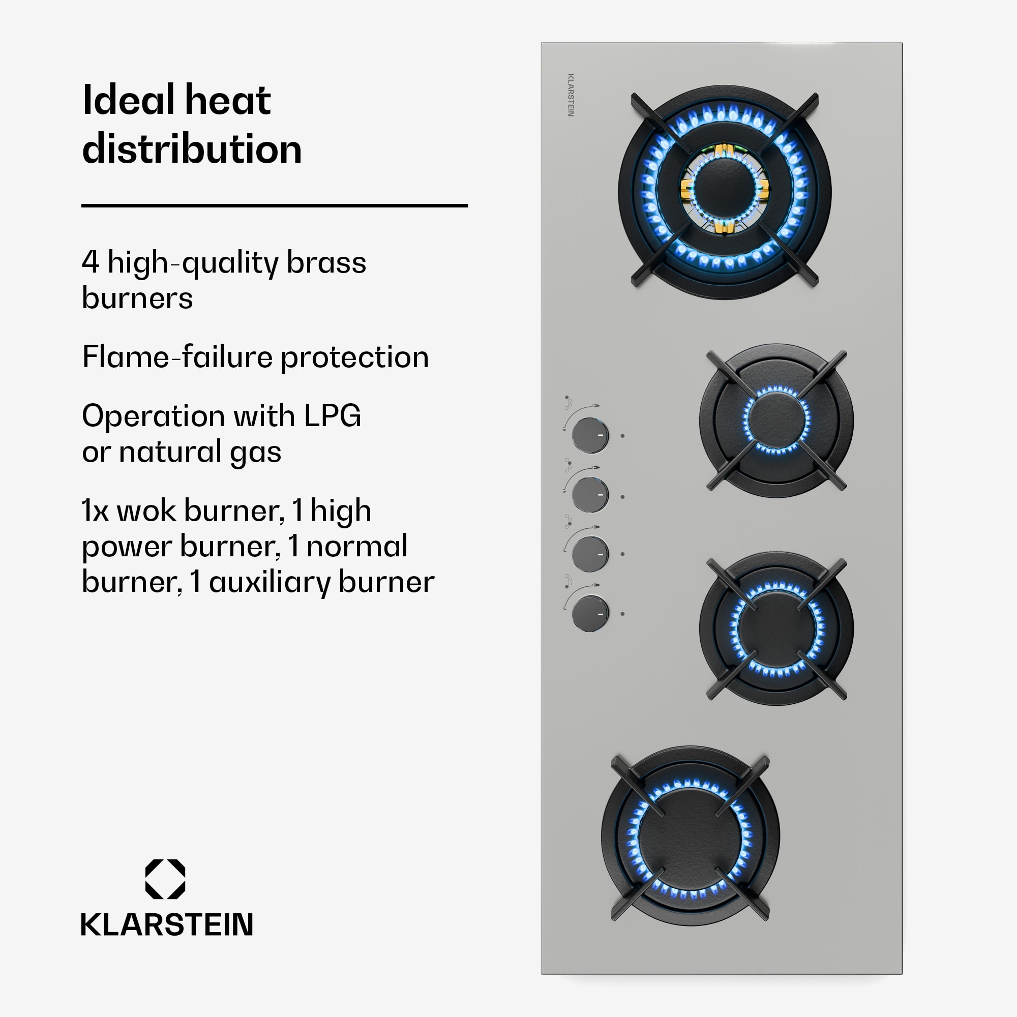 Klarstein Goldflame 4 Slim gas hob | 4 burners | for liquid or natural gas | electric Ignition