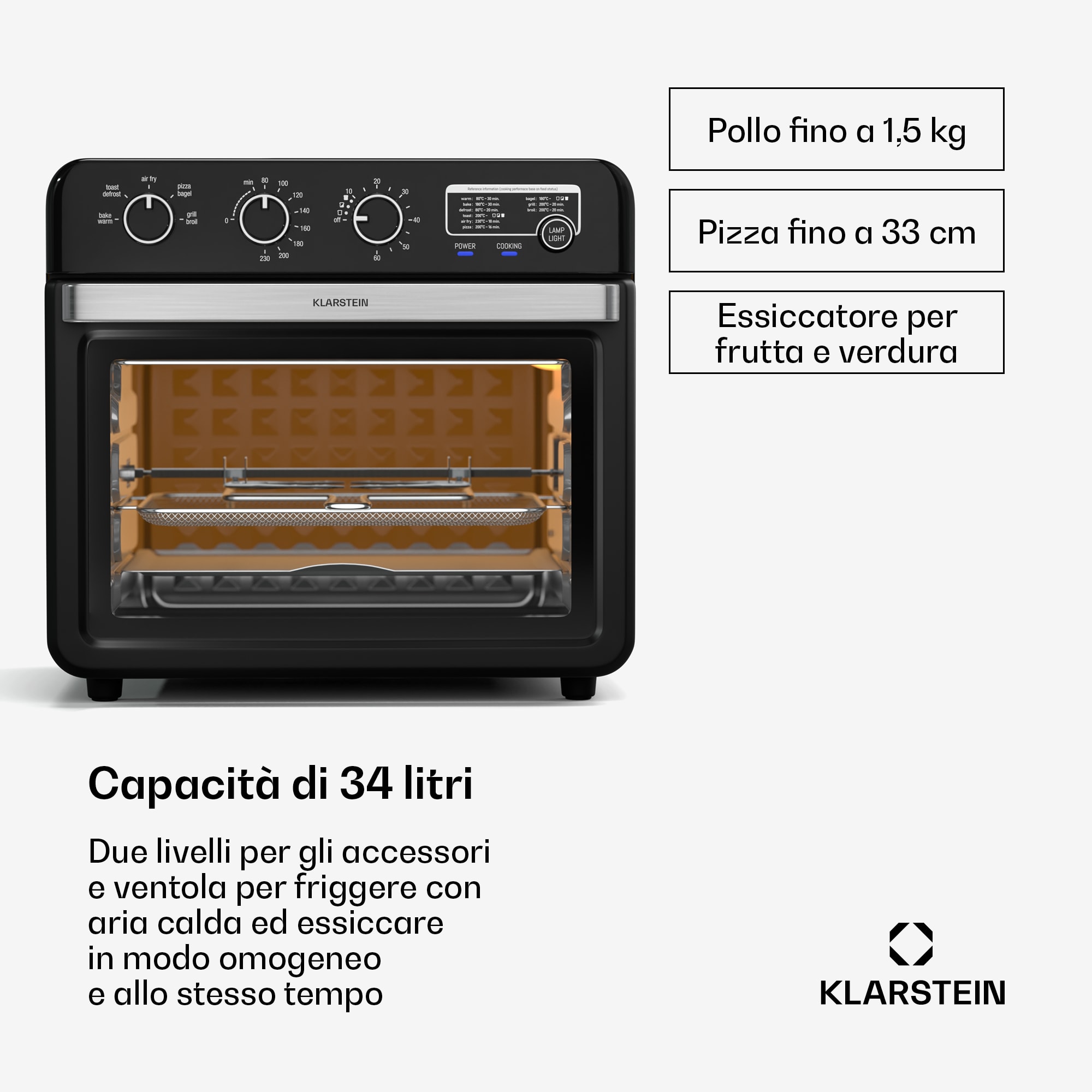 Klarstein Air Glaze - Friggitrice ad aria calda | 2000 watt | 34 litri | Finestra panoramica | Set di accessori incluso