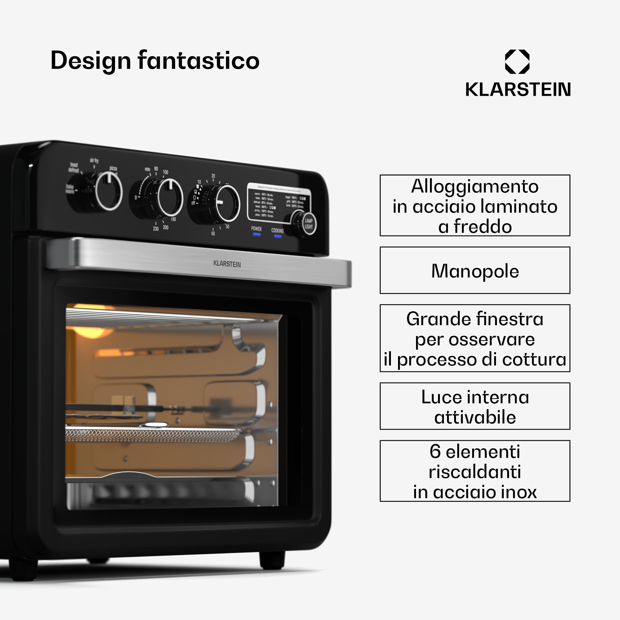 Klarstein Air Glaze - Friggitrice ad aria calda | 2000 watt | 34 litri | Finestra panoramica | Set di accessori incluso
