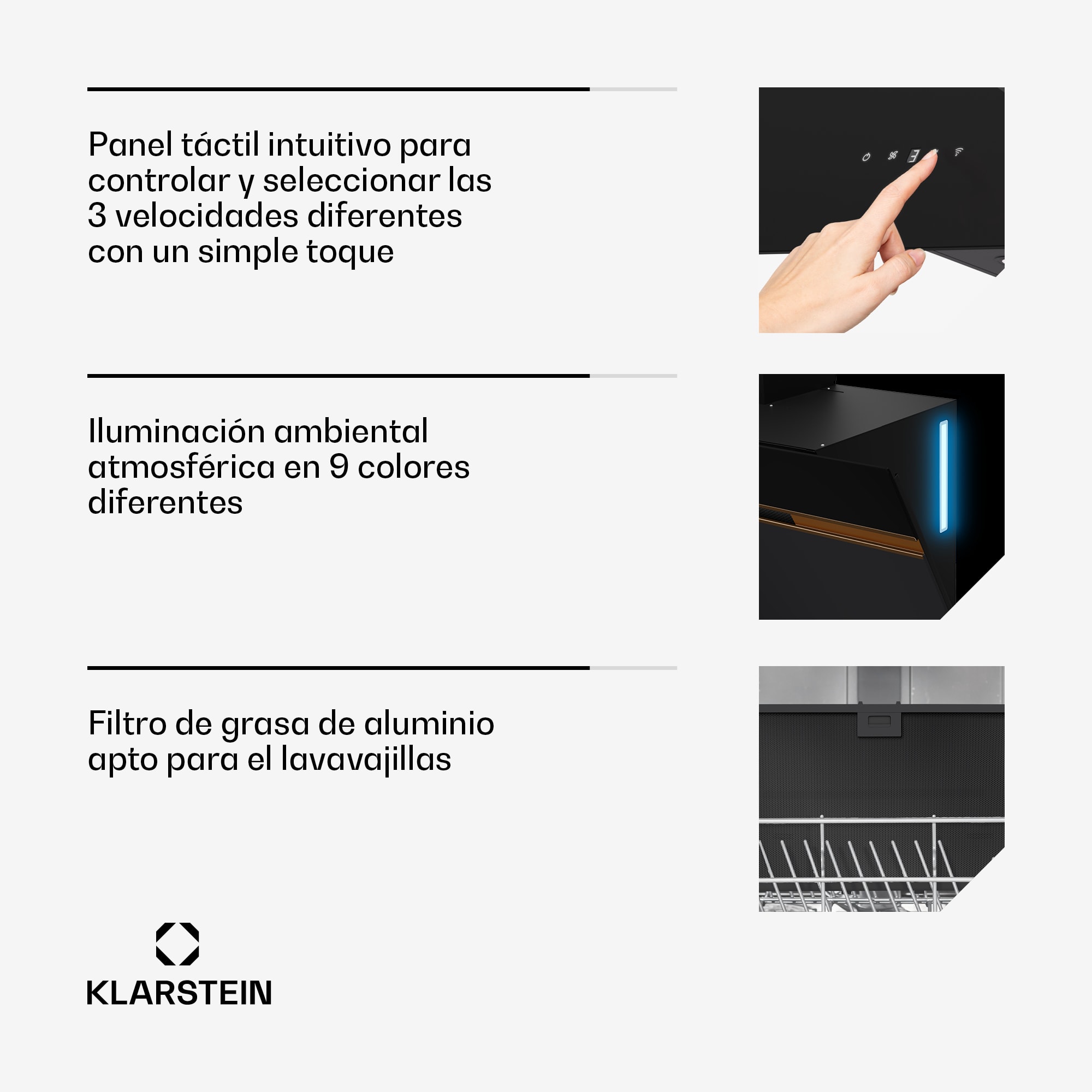 Klarstein Campana extractora Alina | 90 cm | 690 m³/h | Silenciosa | EEC A
