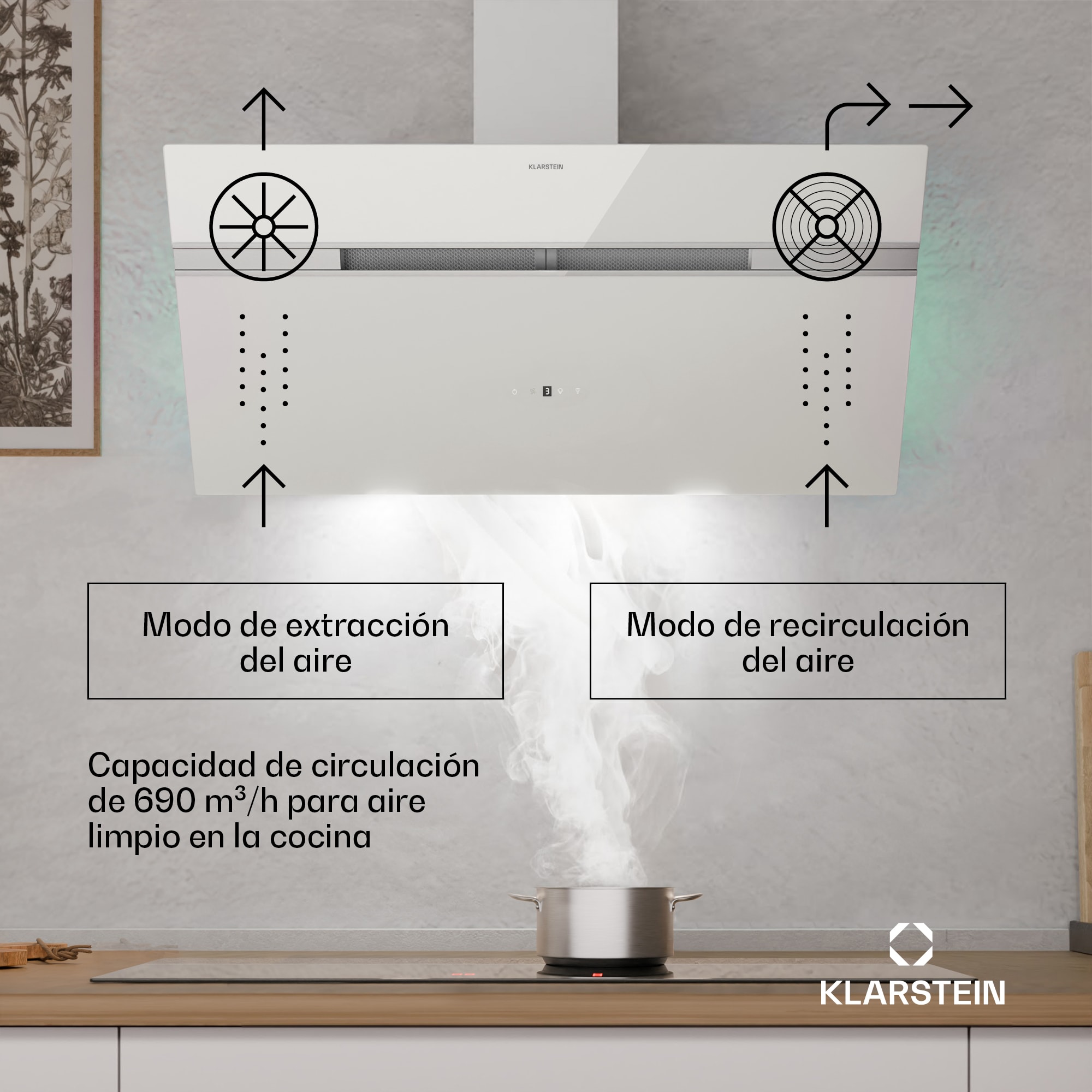 Klarstein Campana extractora Alina | 90 cm | 690 m³/h | Silenciosa | EEC A