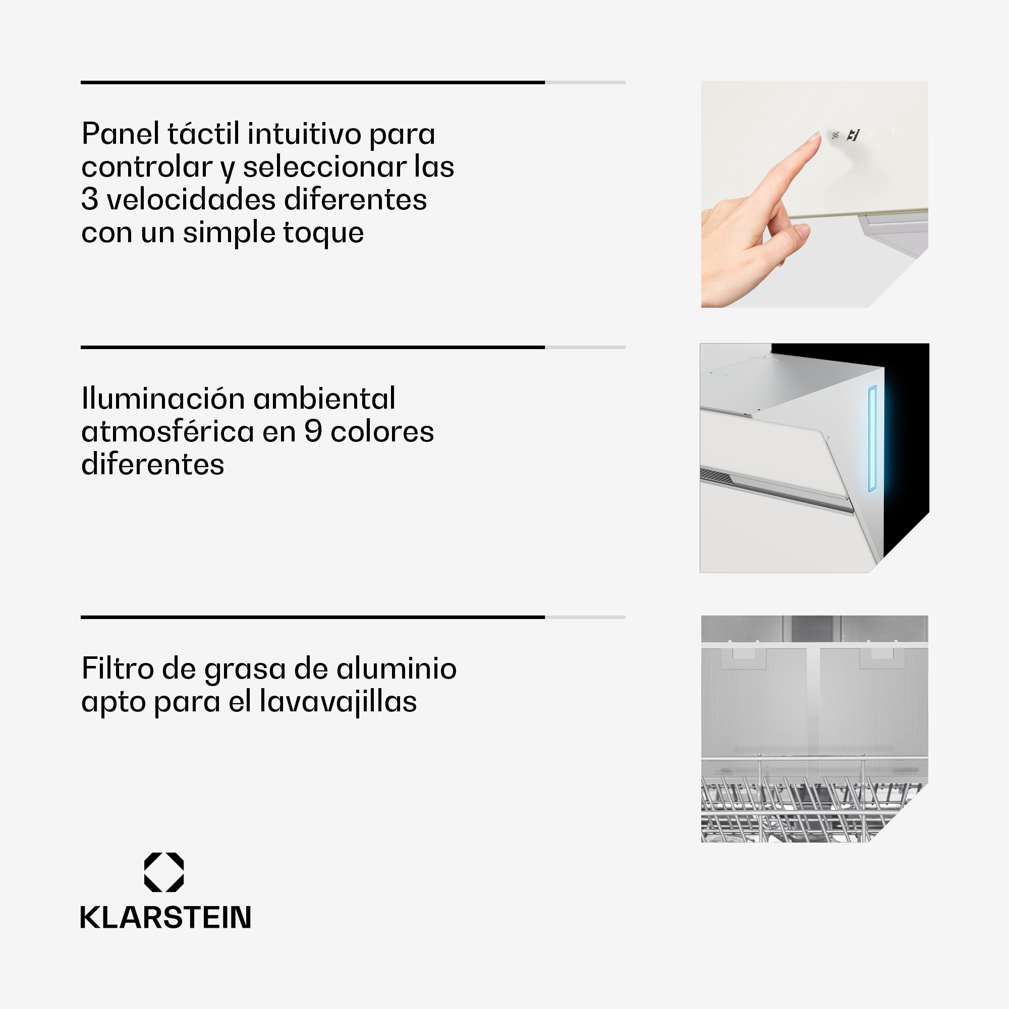 Klarstein Campana extractora Alina | 90 cm | 690 m³/h | Silenciosa | EEC A