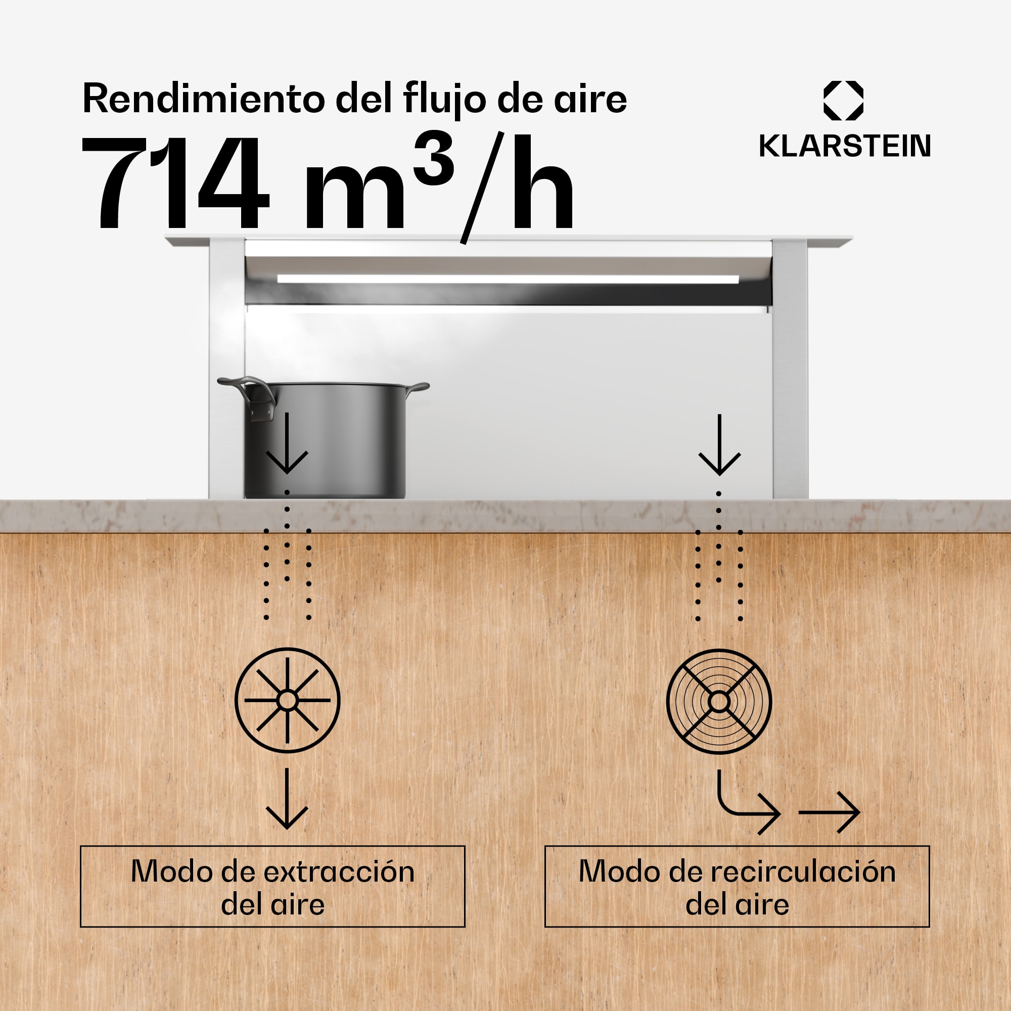 Klarstein Campana extractora Royal Flush Eco | Retráctil | 713,8 m³/h | Boost | Funcionamiento táctil | CEE A++