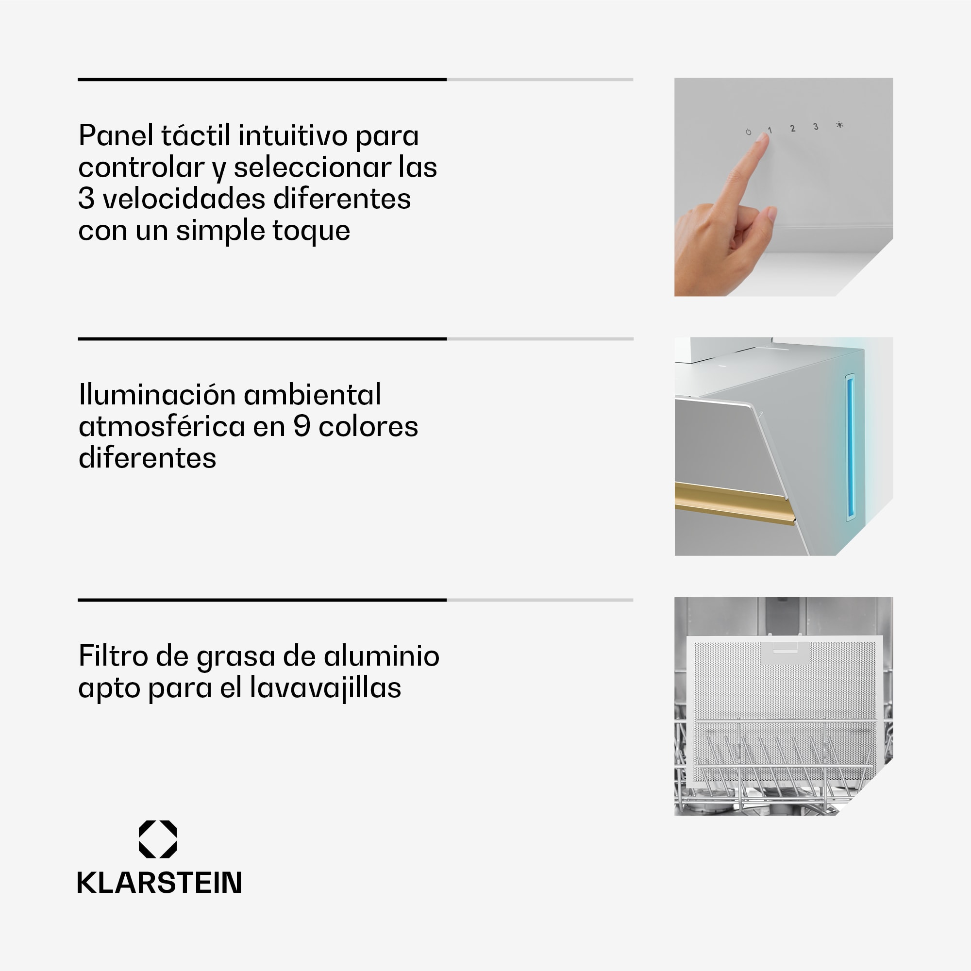 Klarstein Campana extractora Alina | CEE A | Táctil | Iluminación LED | Extracción de aire/recirculación | 600 m³/h
