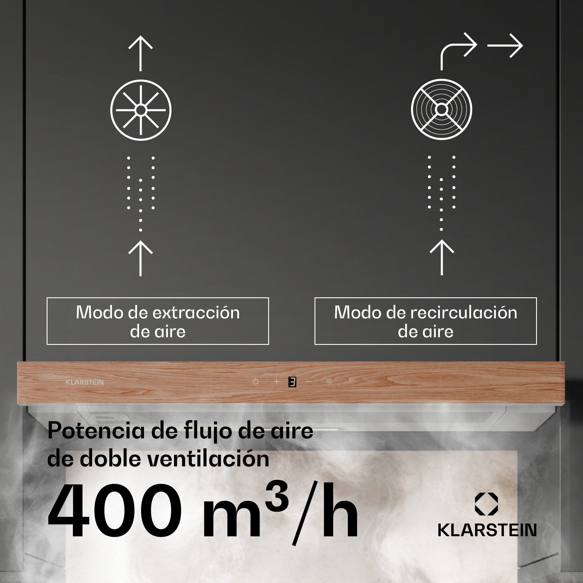 Klarstein Campana extractora ZenFusion | 400 m³/h de flujo de aire | EEK A | extracción de aire/recirculación | 3 niveles | silenciosa
