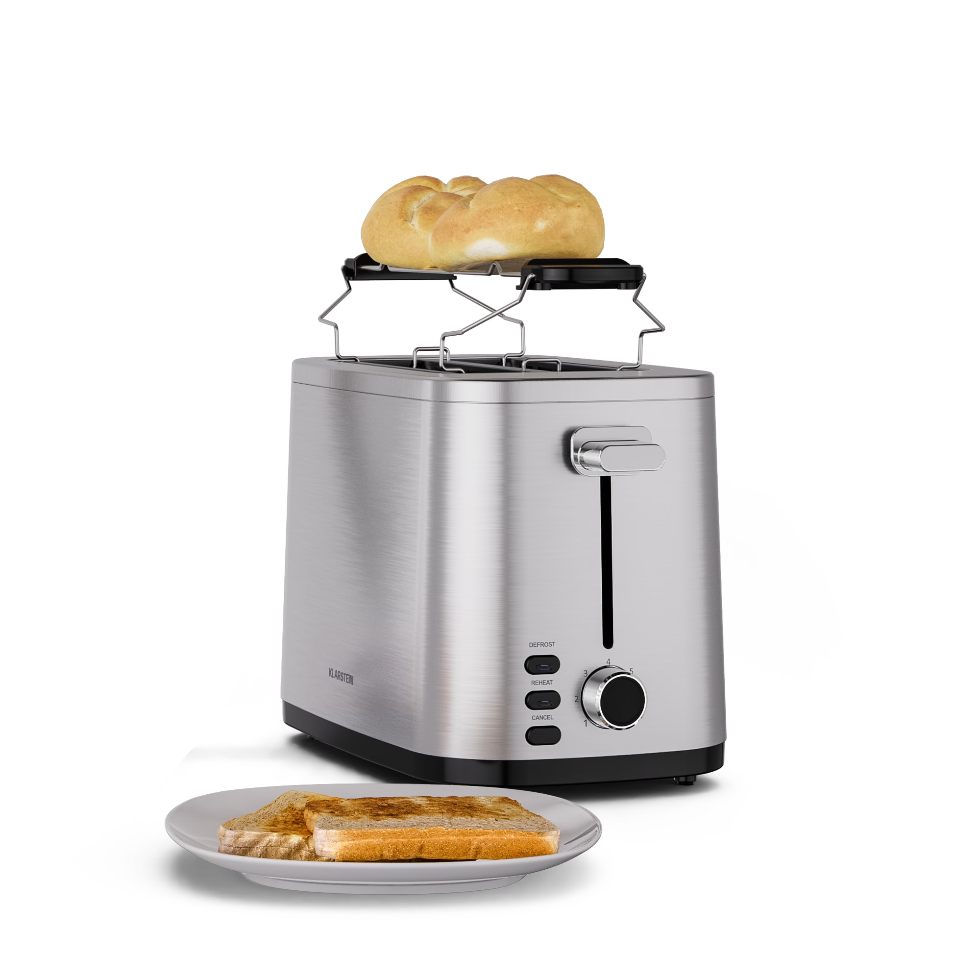 Klarstein Toaster Verosteel | Toaster cu 2 felii | 800 W | 7 niveluri de prăjire | Încălzitor chifle