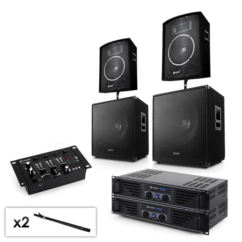 2.2 PA Set Anlage mit 2x Verstäker, 2x 15" Subwoofer, 2x 10" Boxen, Mixer & Kabel