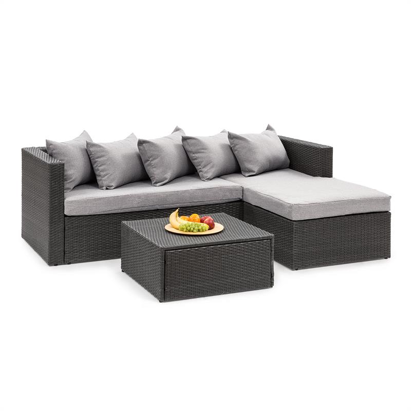 Theia Lounge Set Gartengarnitur Eckcouch Hocker 5 Kissen Polyrattan schwarz / hellgrau