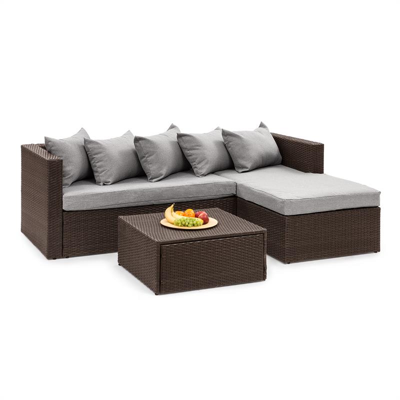 Theia Lounge Set Gartengarnitur Eckcouch Hocker 5 Kissen Polyrattan braun / hellgrau