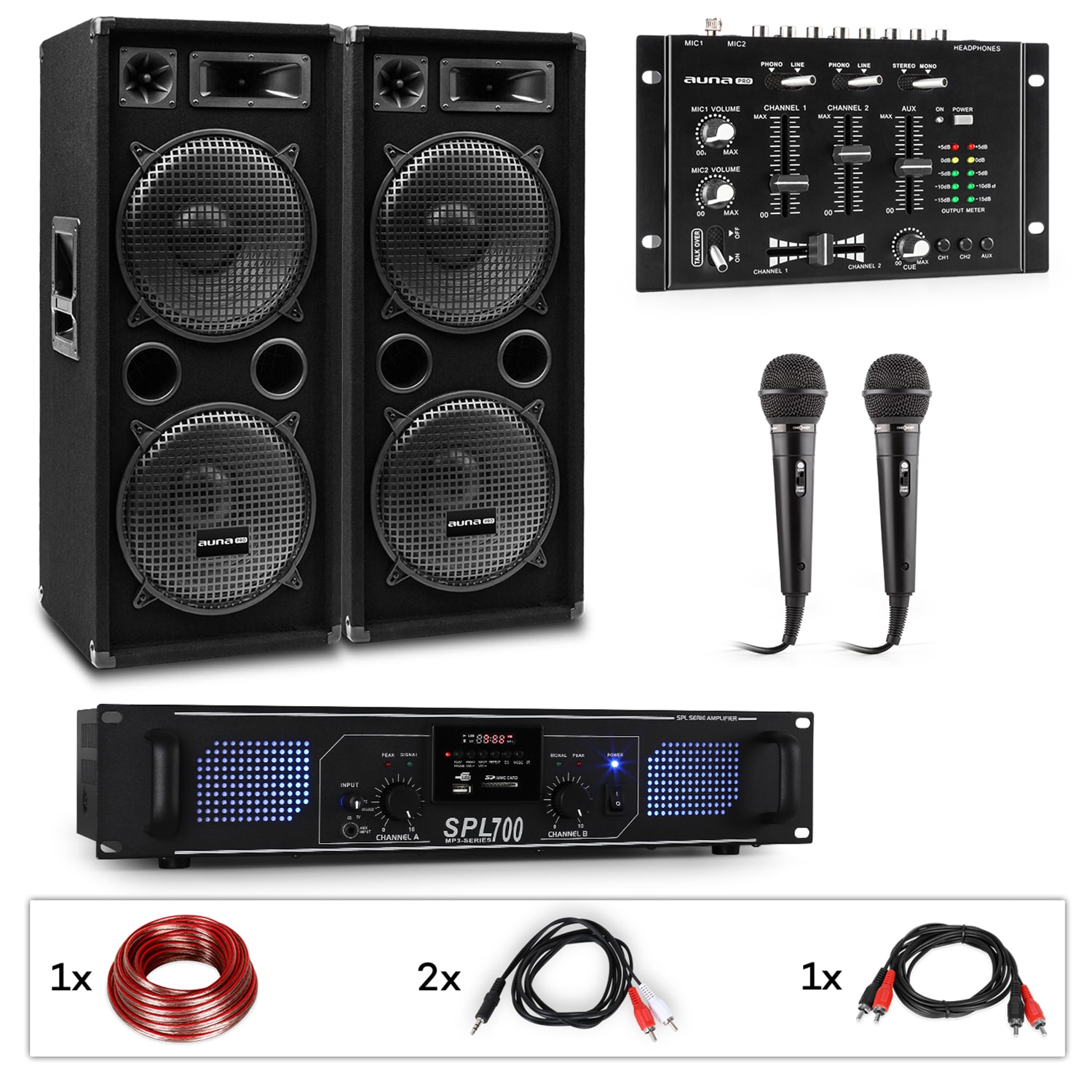 PW-2222 MKII PA-Karaoke-Set Verstärker + 2 passive PA-Boxen + Mixer + 2 Mikros