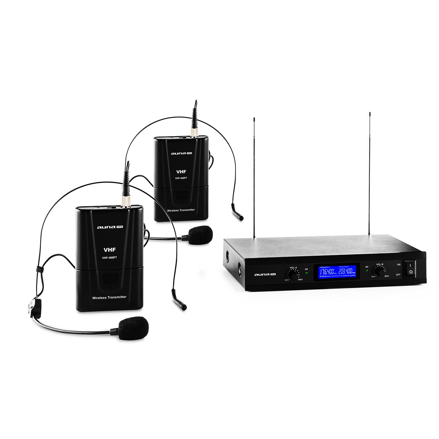 E-shop Auna Pro VHF-400 Duo 2, 2-kanálová sada VHF bezdrôtových mikrofónov, 1 x prijímač, 2 x headset mikrofón