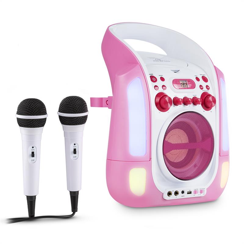 Auna Kara Illumina, růžový, karaoke systém, CD, USB, MP3, LED světelná show, 2x mikrofon, přenosný