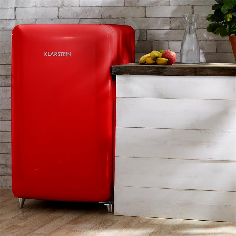 E-shop Klarstein PopArt-Bar červená chladnička, 136l retro dizajn, 3 poschodia, priečinok na zeleninu, A+