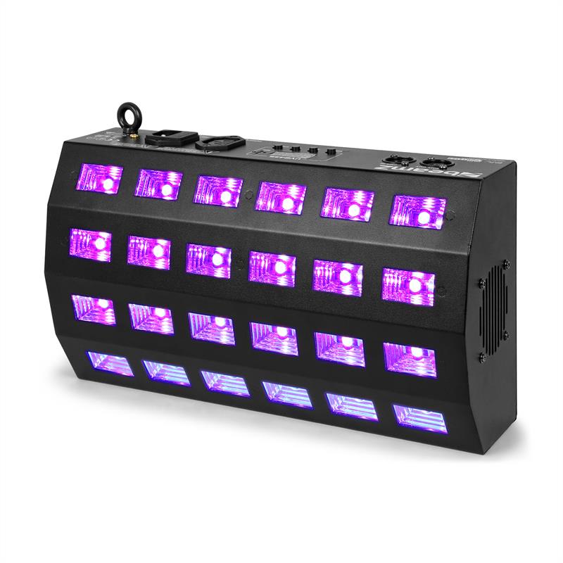 E-shop Beamz BUV463, LED UV stroboskop, 24 x 3 W, DMX/samostatná prevádzka, 7 DMX kanálov, 85 W, čierny