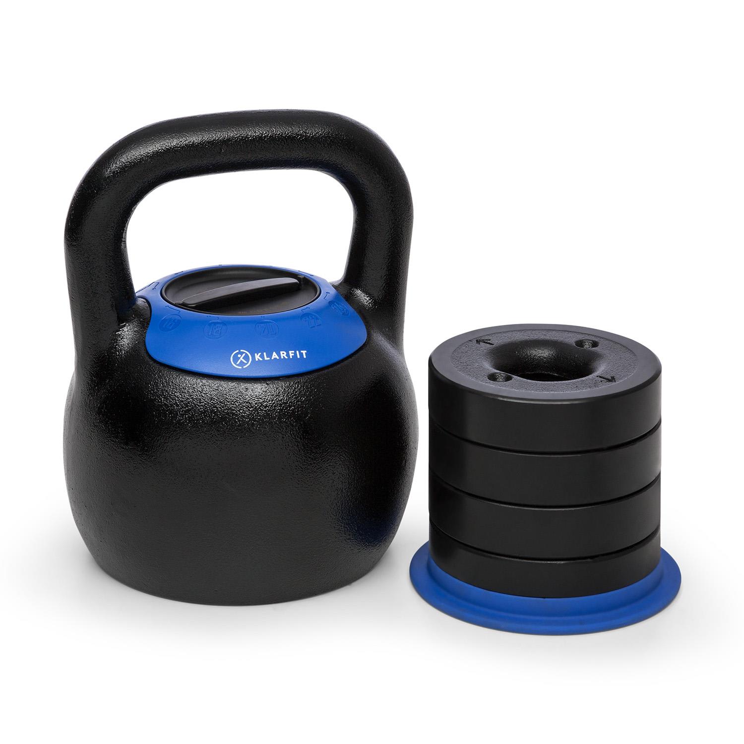 E-shop KLARFIT Adjustabell, nastaviteľný kettlebell, hmotnosť: 16/18/20/22/24 kg, čierny/modrý