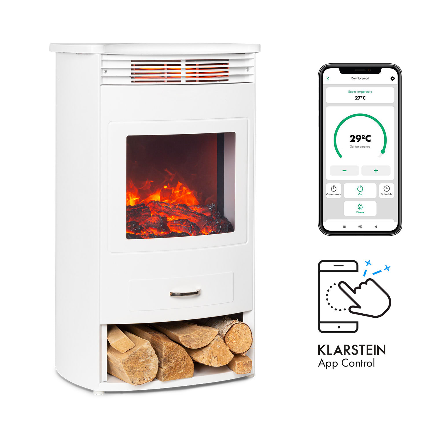 Klarstein bormio smart, elektromos kandalló, 950/1900w, hőmérő, heti időzítő, fehér