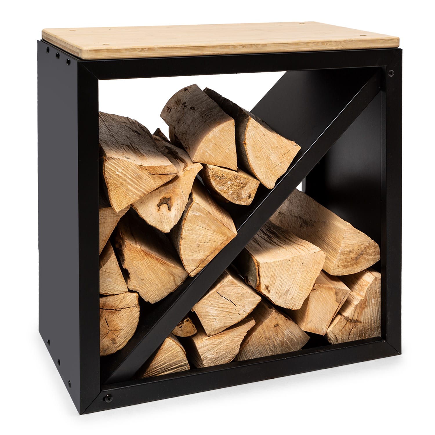 Blumfeldt Kindlewood S Black, stojan na drevo, lavička, 57 × 56 × 36 cm, bambus, zinok