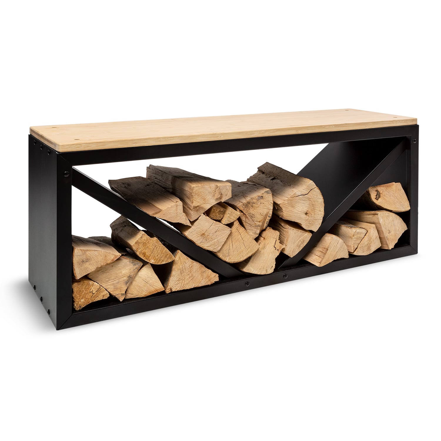Blumfeldt Kindlewood L Black, suport pentru lemne, bancă, 104 x 40 x 35 cm, bambus, zinc