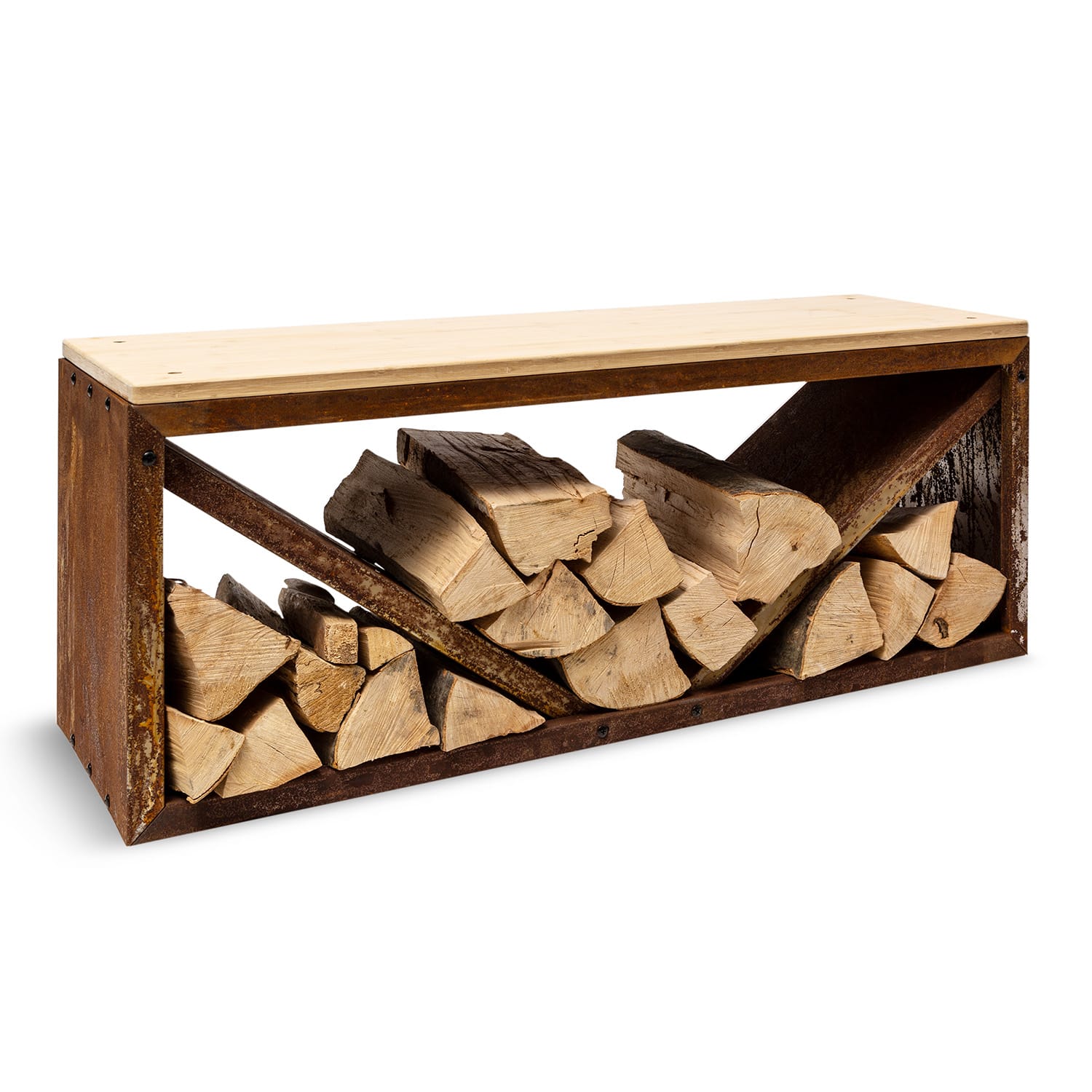 Blumfeldt Kindlewood L Rust, suport pentru lemne, bancă, 104 x 40 x 35 cm, bambus, zinc