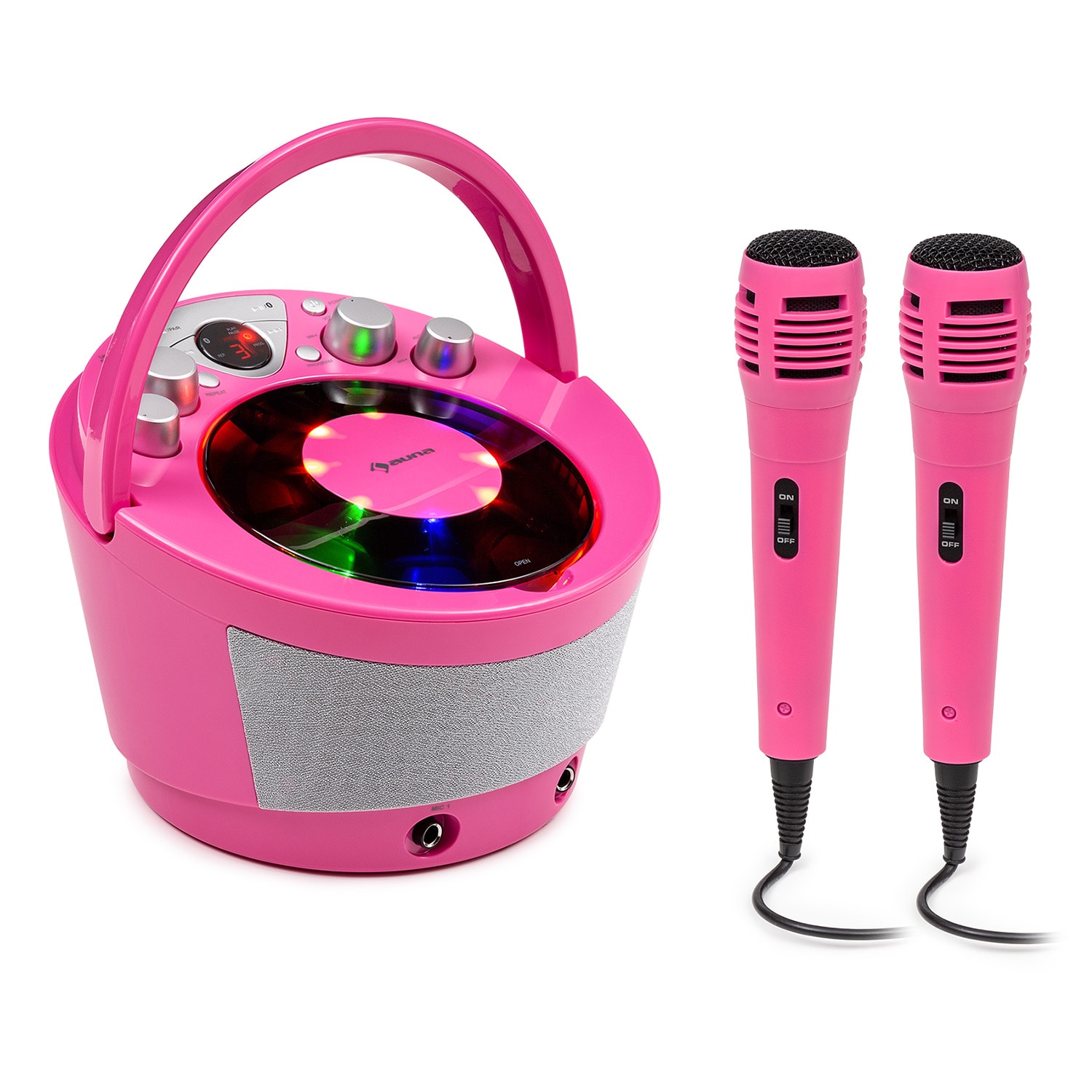 Auna SingSing BT, sistem de karaoke, 2 x microfon, CD player, BT, efect de lumină LED, portabil