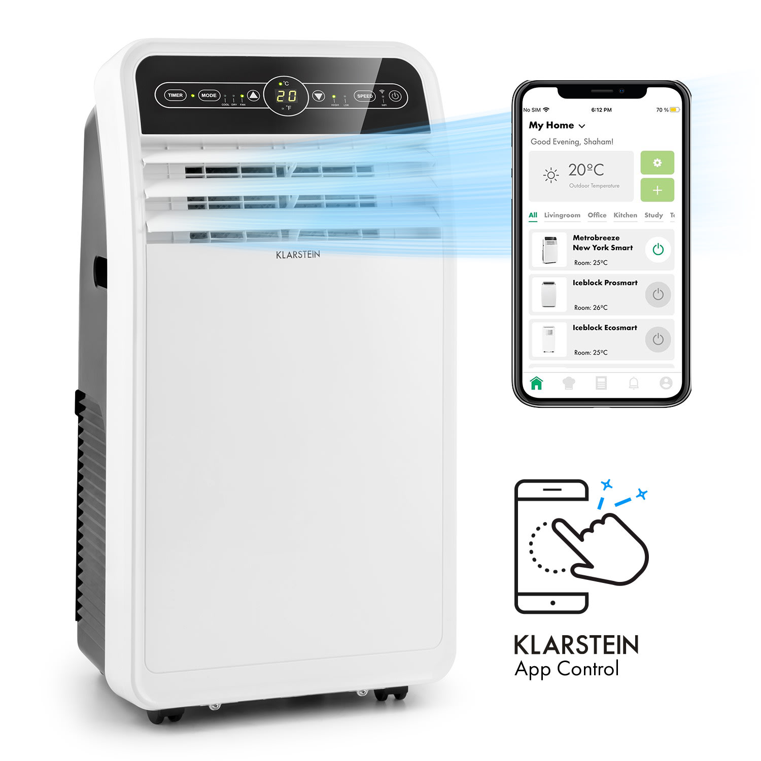 Klarstein metrobreeze new york smart 7k, mobilná klimatizácia, 7000 btu/2,1 kw, a, diaľkový ovládač