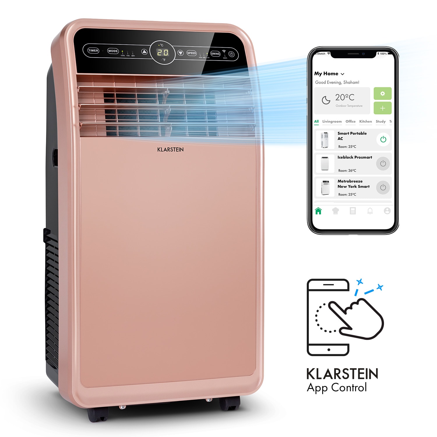 Klarstein Metrobreeze New York Smart 12k, mobilní klimatizace, 12000 BTU/3,5 kW, energetická třída A, dálkový ovladač, růžovozlatá