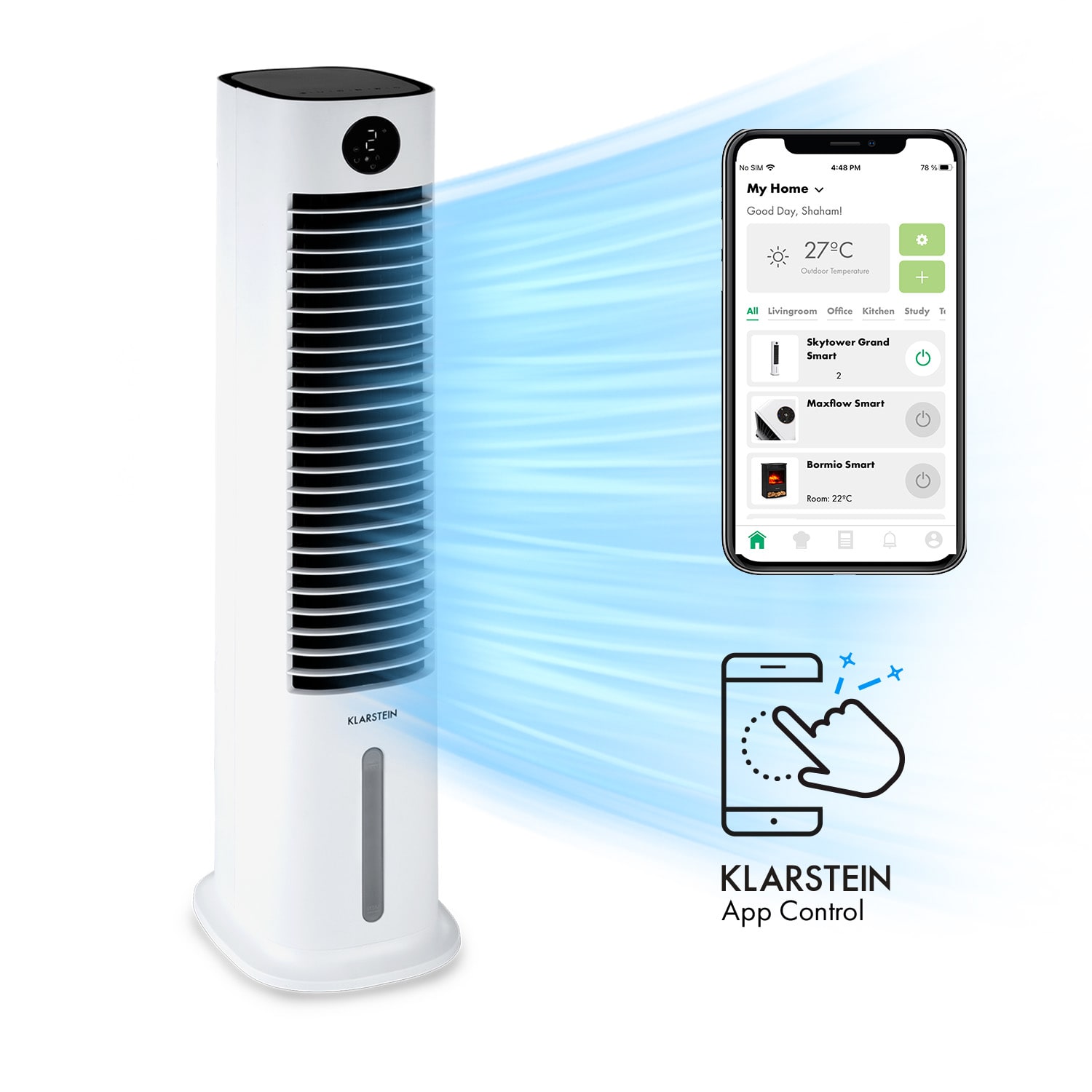 Klarstein skytower grand smart, léghűtő, 80 w, 480 m3/ó, 6 liter, hordozható