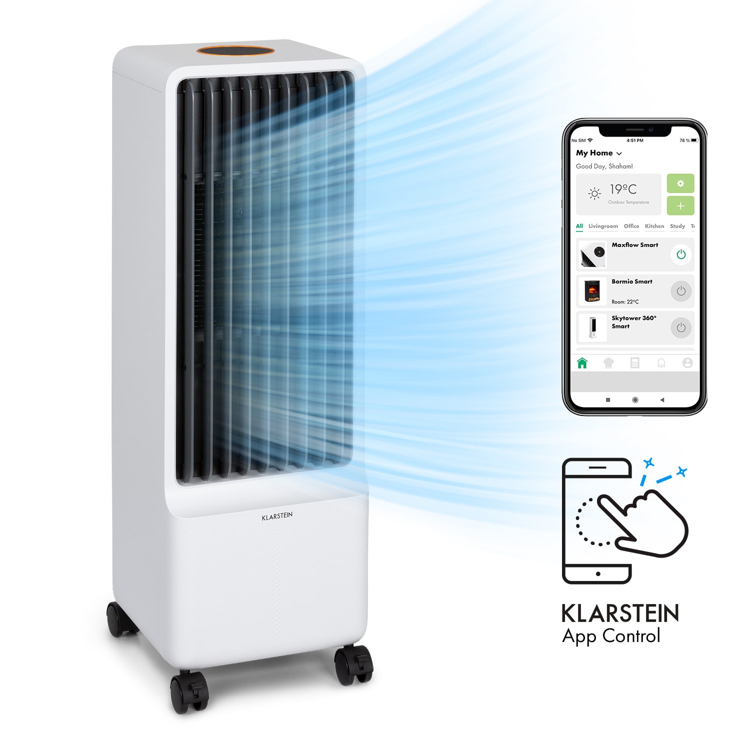 Klarstein Maxflow Smart, 3 az 1-ben léghűtő, ventilátor, párásító, 5l, WiFi, távirányító, 2 x hűtőkészlet