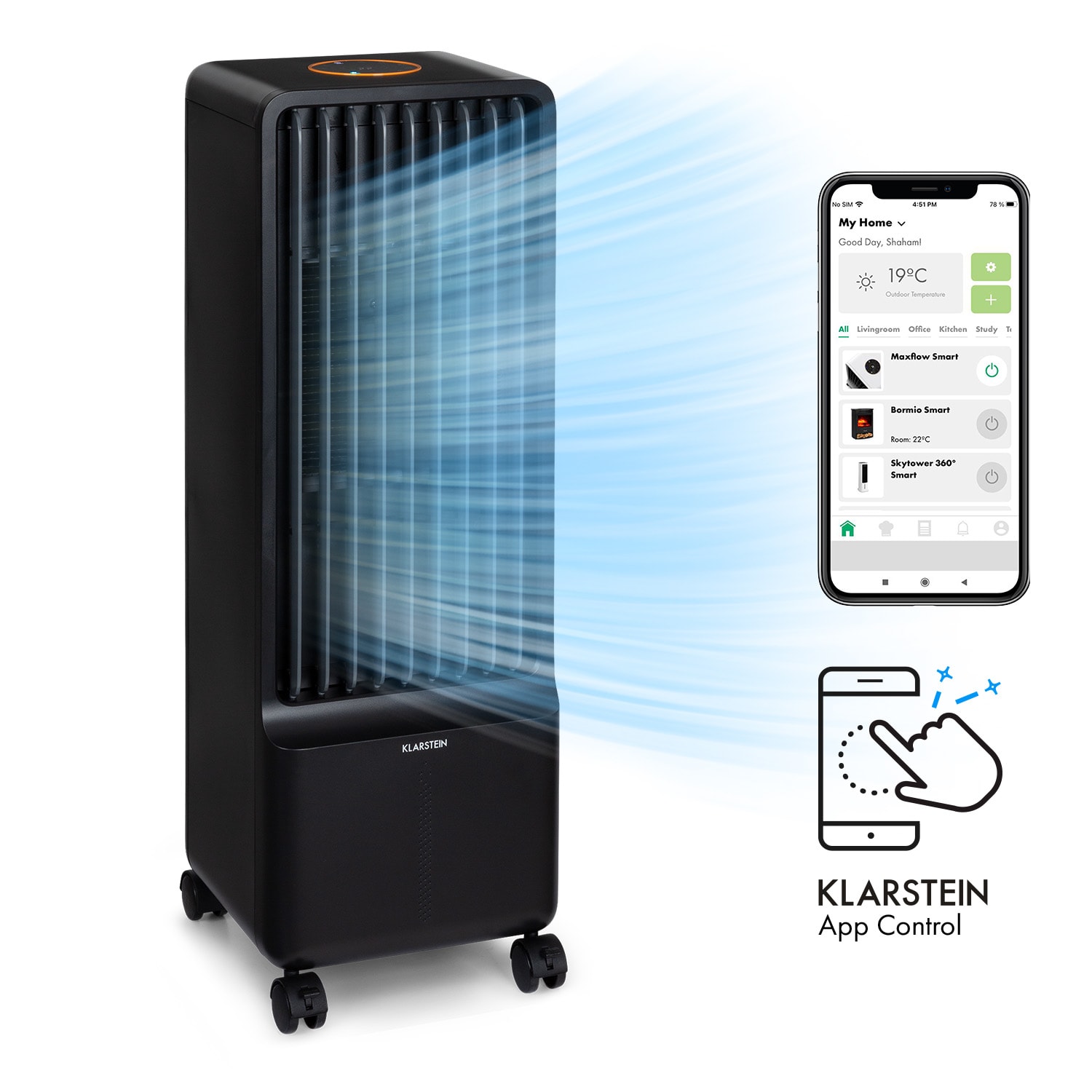 Klarstein Maxflow Smart,  3 v 1 ochladzovač vzduchu, ventilátor, zvlhčovač vzduchu, 5 l, WiFi, diaľkový ovládač, 2 × chladiaca súprava