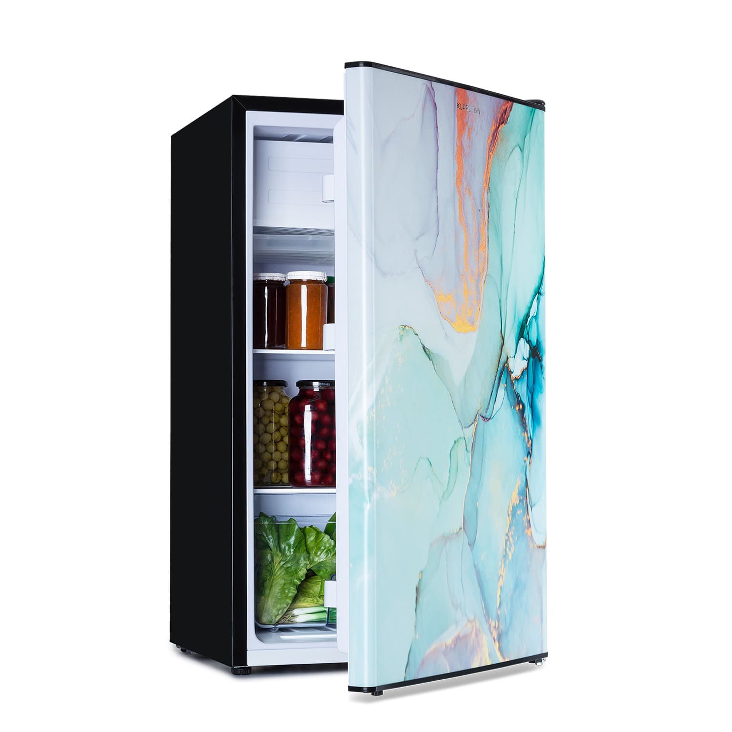 Klarstein CoolArt, 79L, hűtőszekrény és fagyasztó kombinációja, EEK F, 9l-es fagyasztó, formatervezett ajtó