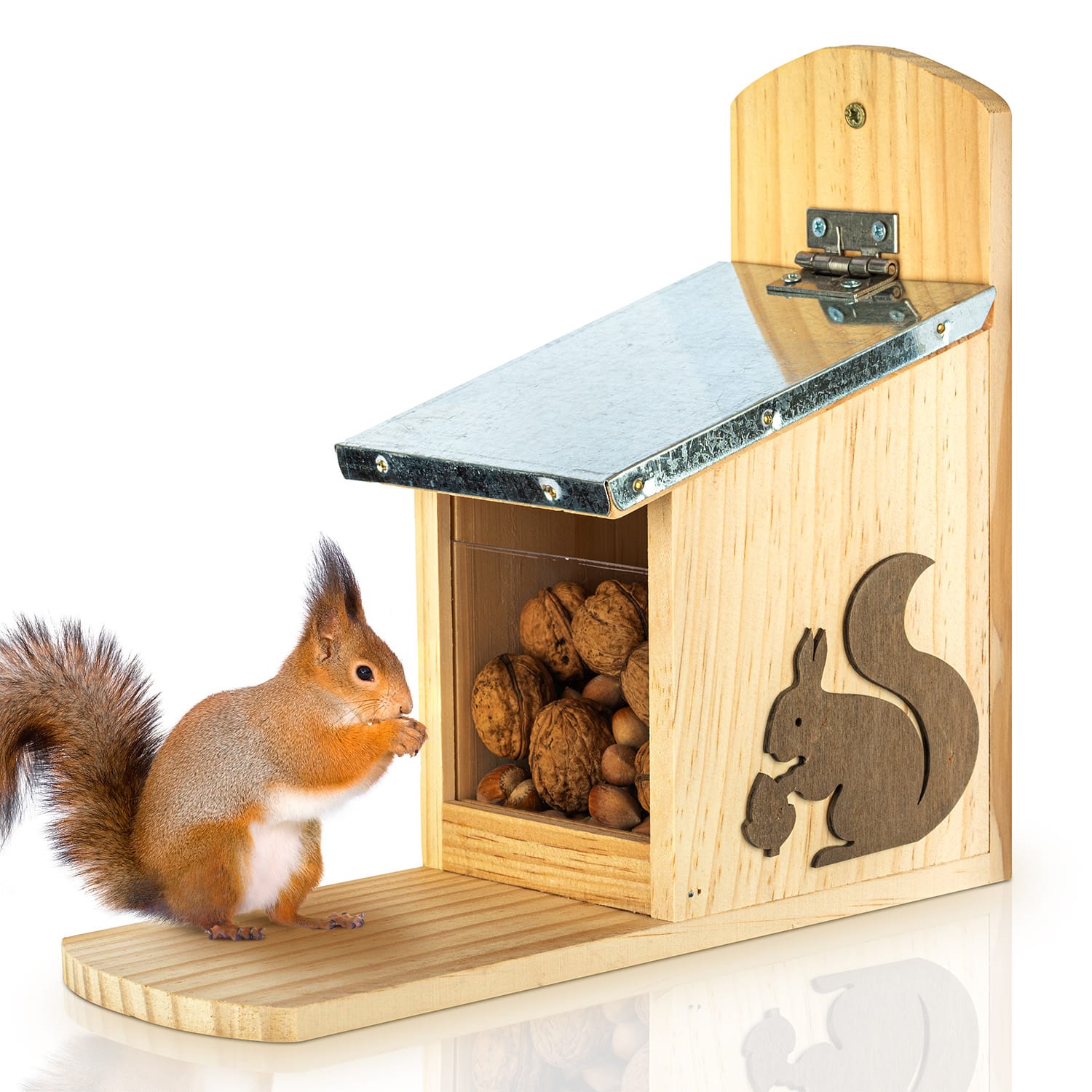 E-shop Blumfeldt Kŕmidlo pre veveričky, plechová strecha, borovicové drevo, neošetrené